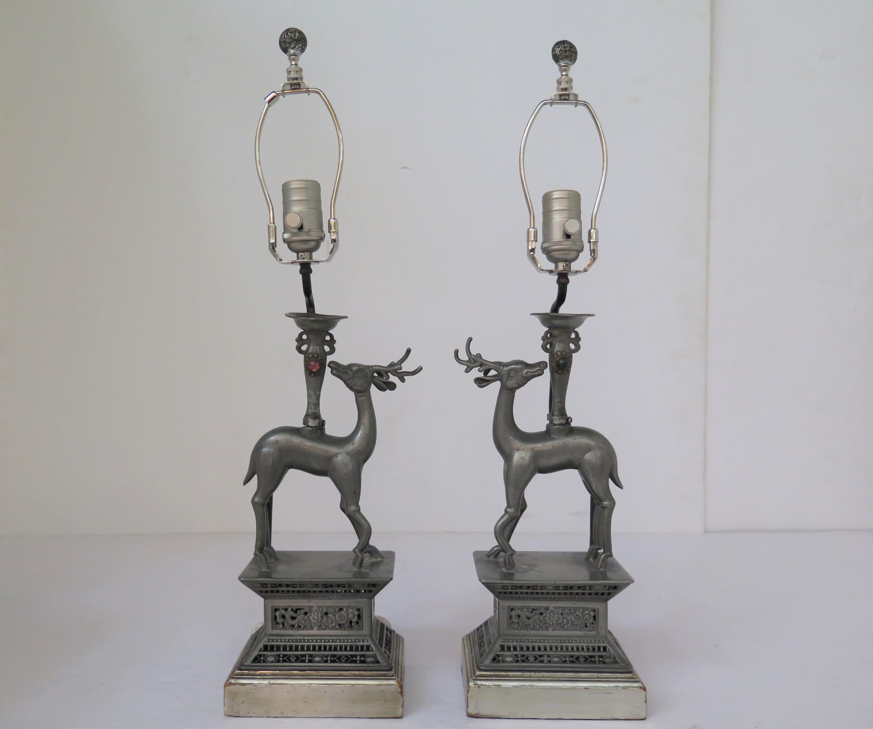 Cast Pair of Pewter Chinese Deer Lamps with Custom Shades Circa 1920s For Sale