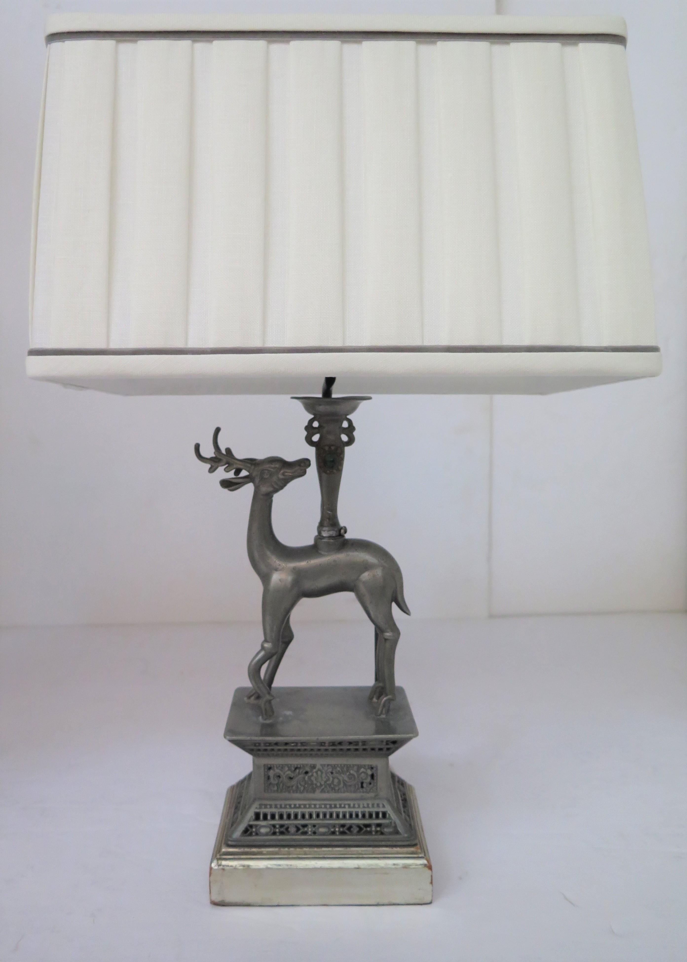 Pair of Pewter Chinese Deer Lamps with Custom Shades Circa 1920s In Good Condition For Sale In Dallas, TX