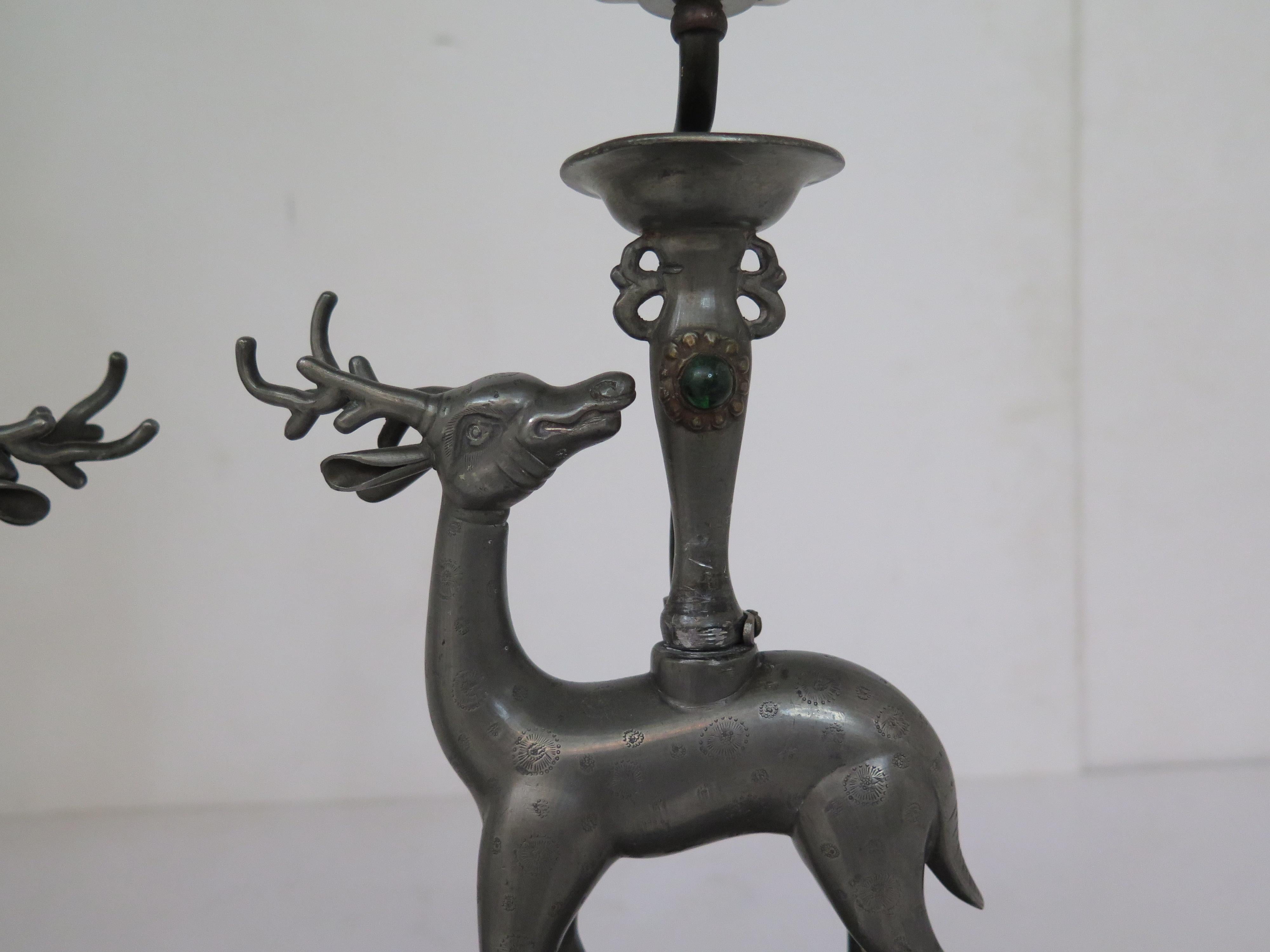 Pair of Pewter Chinese Deer Lamps with Custom Shades Circa 1920s For Sale 2