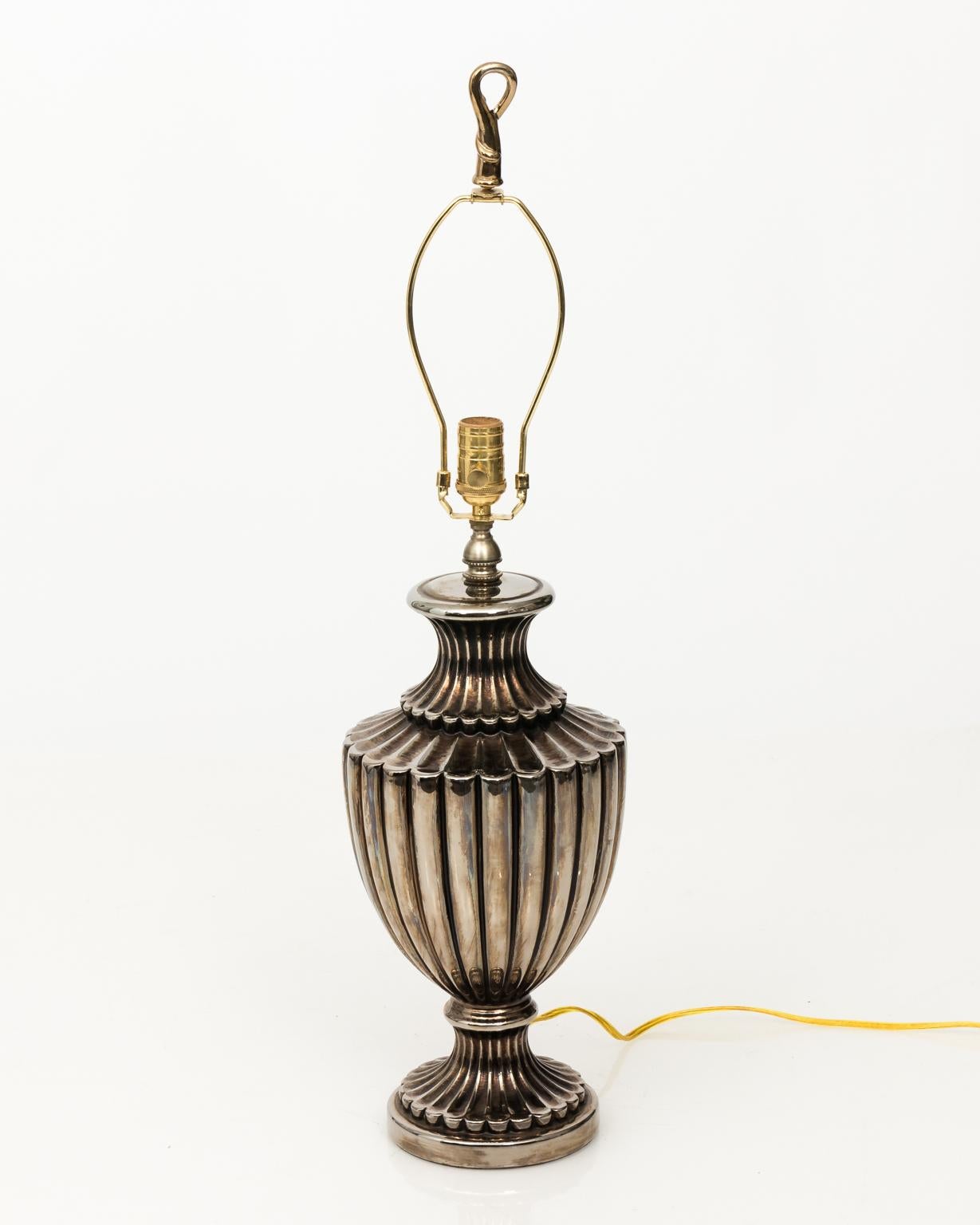 Neoclassical Pair of Pewter Finish Ceramic Urn Lamps