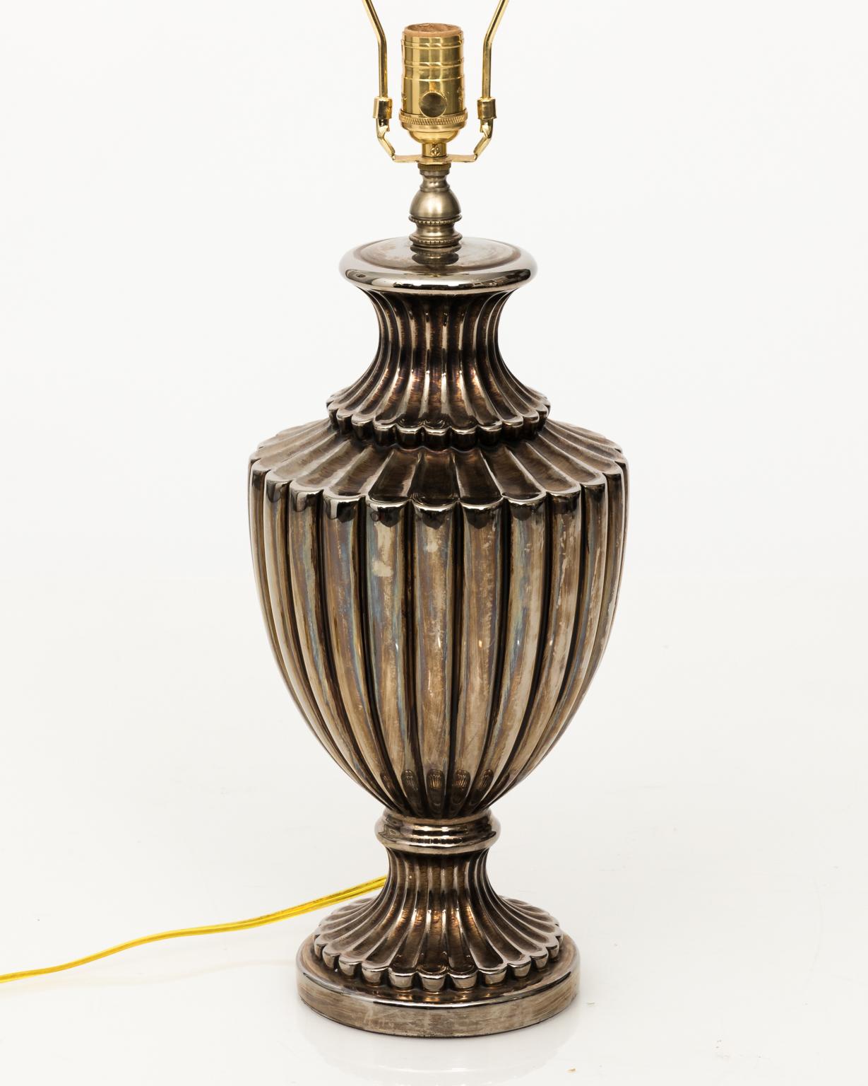 Pair of Pewter Finish Ceramic Urn Lamps 4