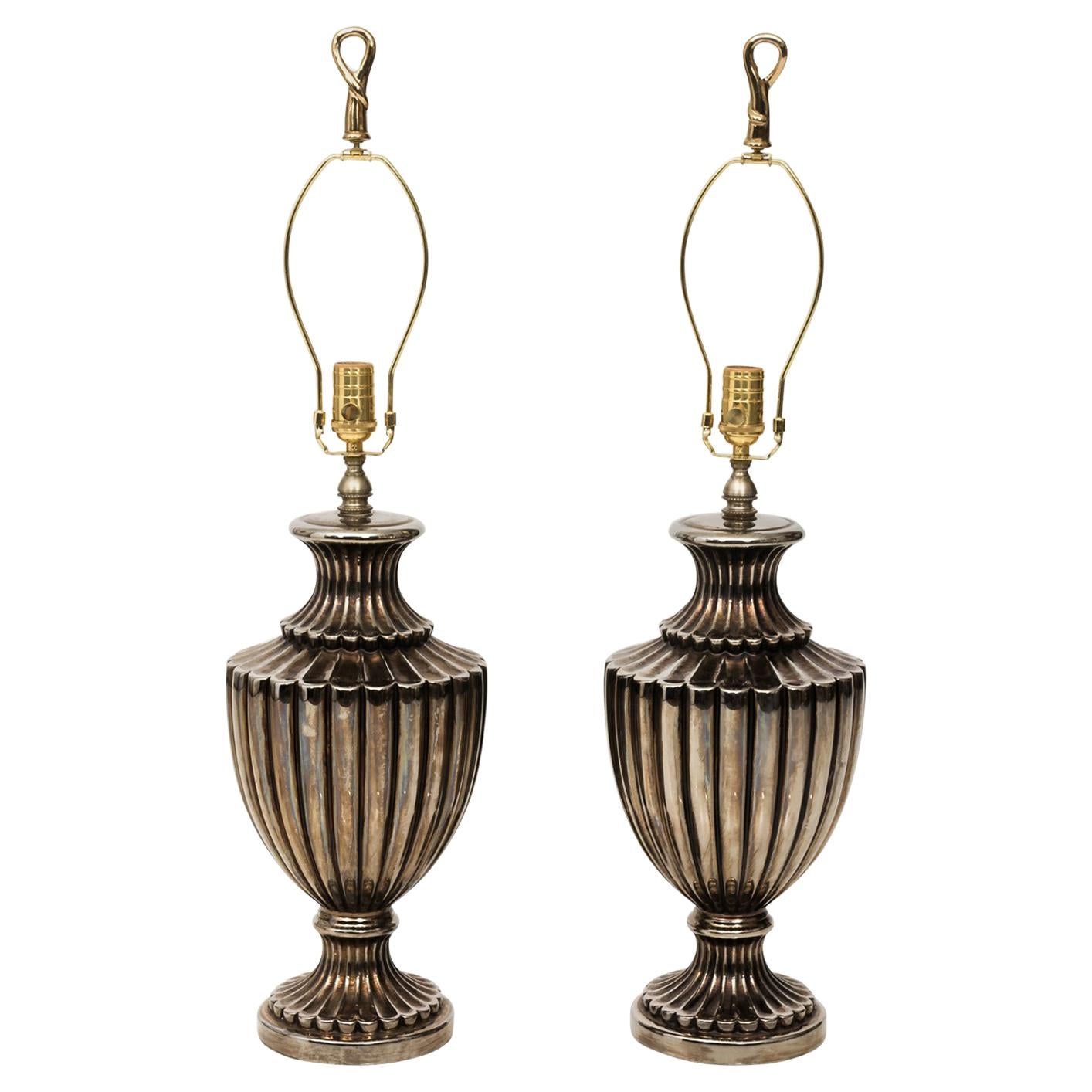 Pair of Pewter Finish Ceramic Urn Lamps