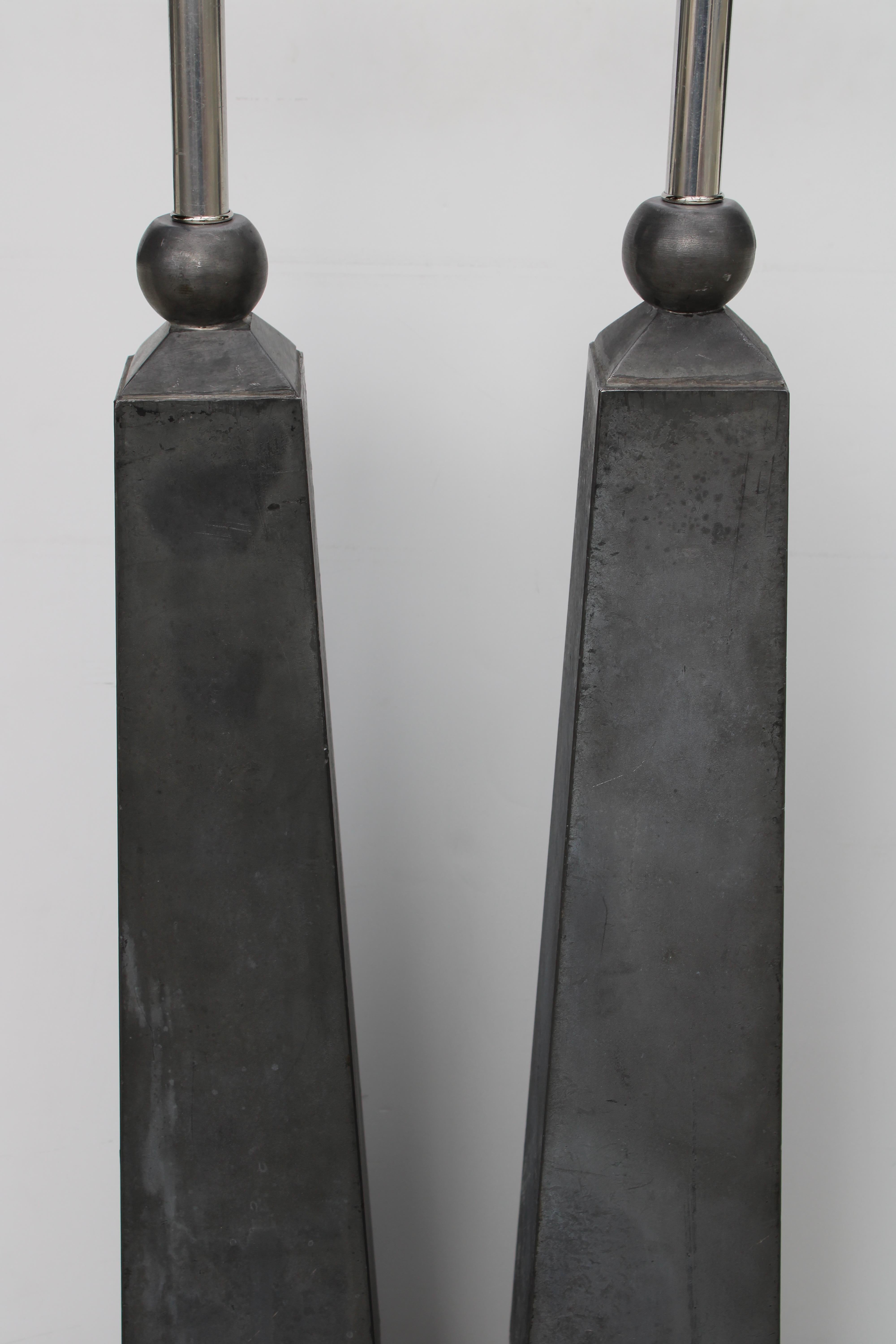 American Pair of Pewter Obelisk Lamps