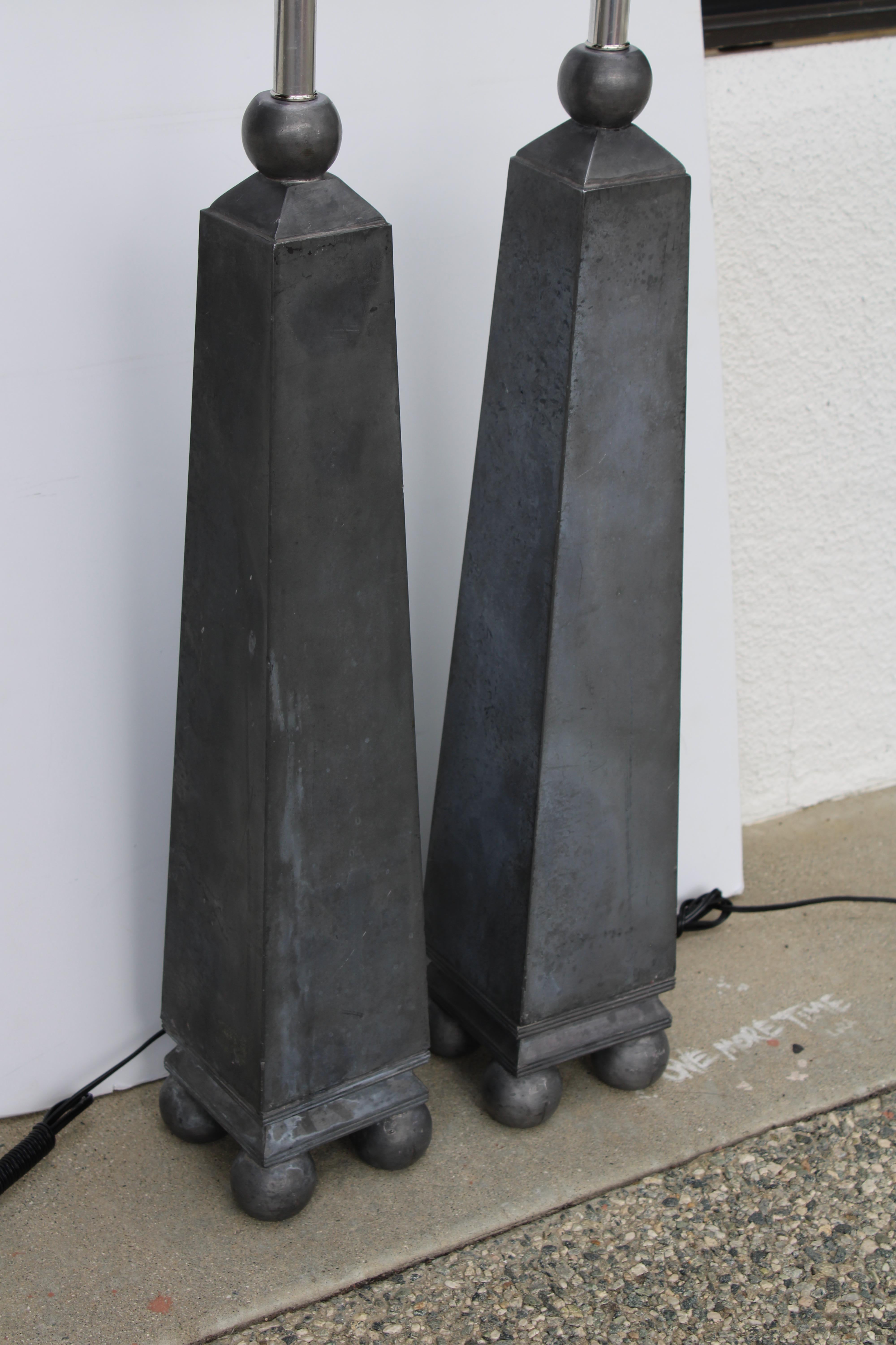 Mid-20th Century Pair of Pewter Obelisk Lamps