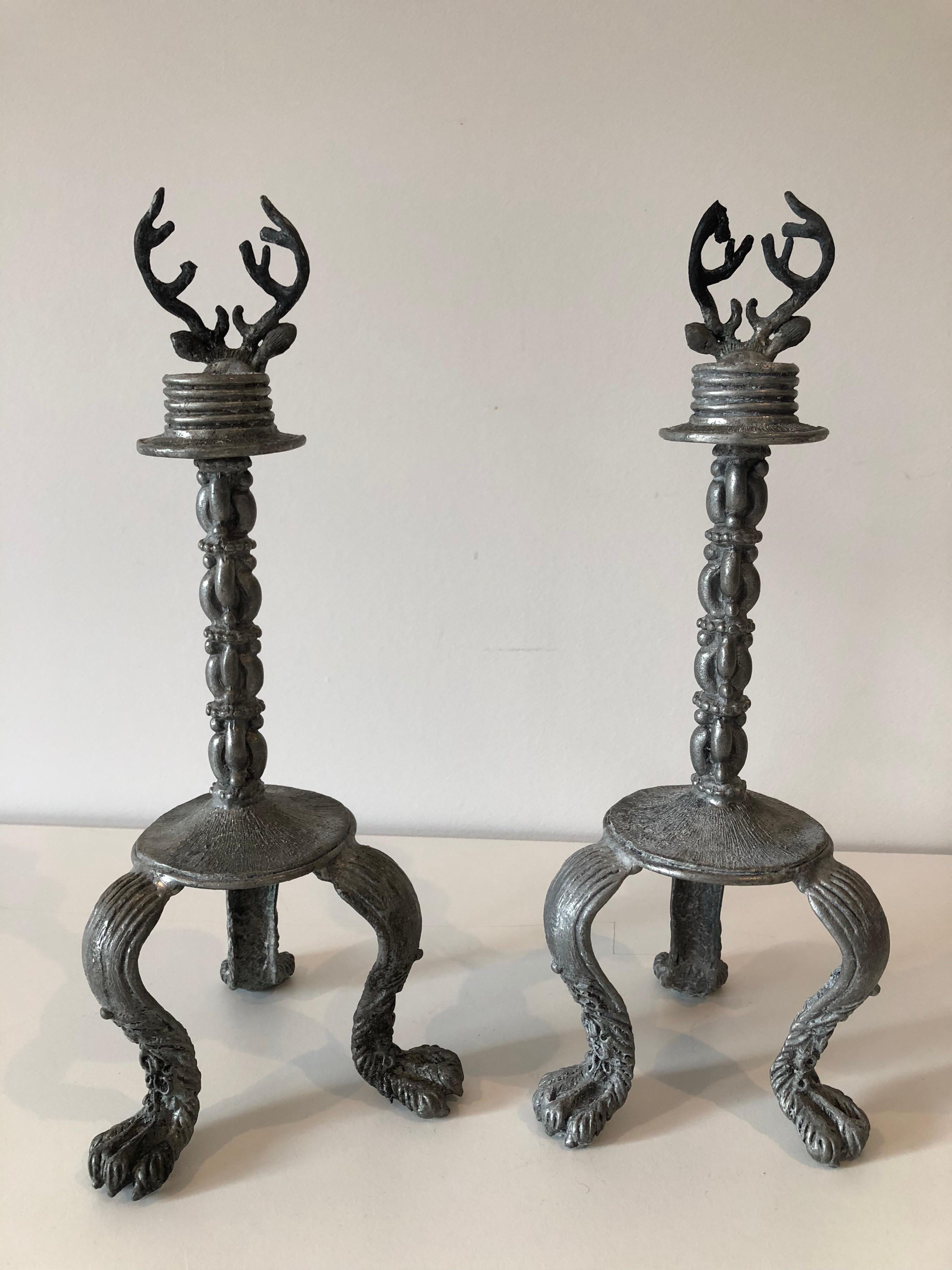 American Pair of Pewter Stag Candlesticks