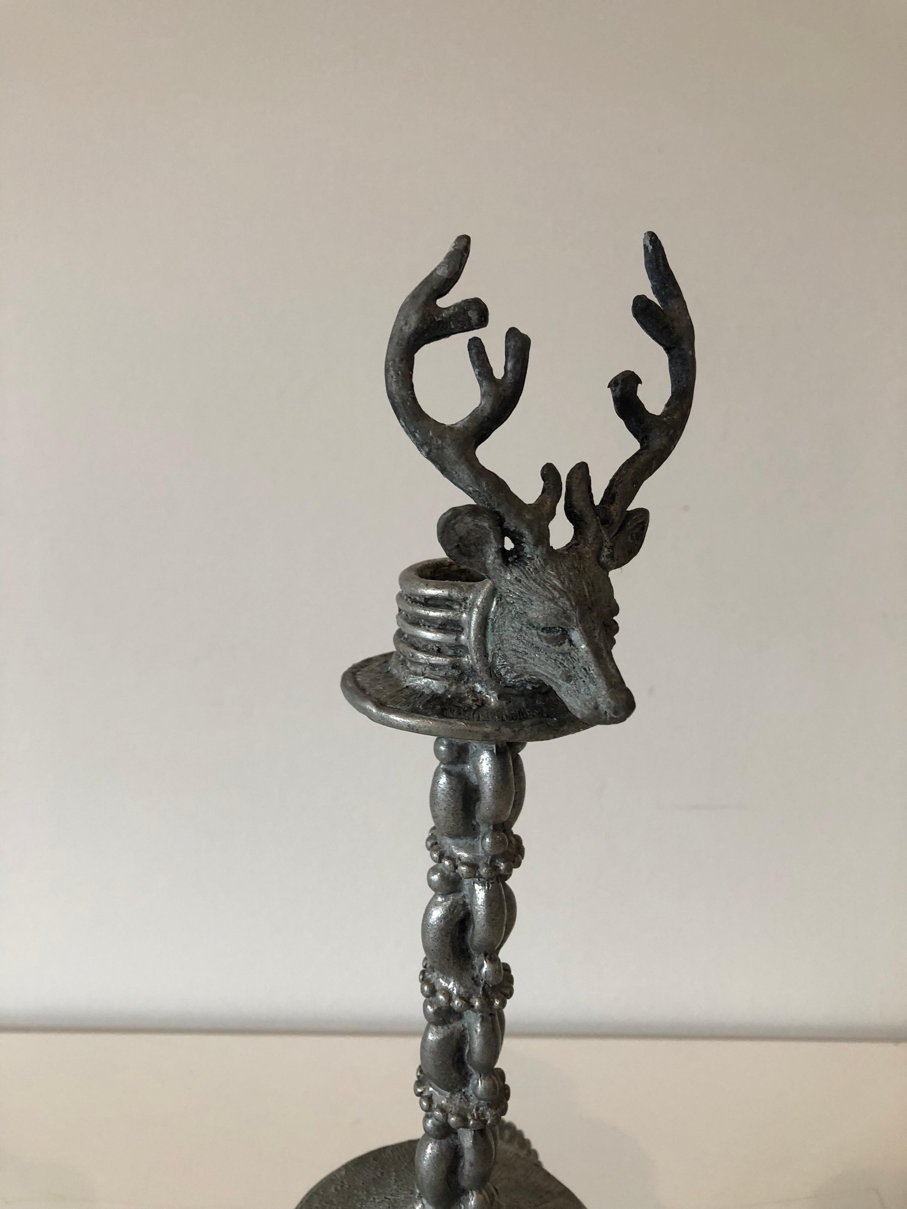 Pair of Pewter Stag Candlesticks In Good Condition In Stockton, NJ