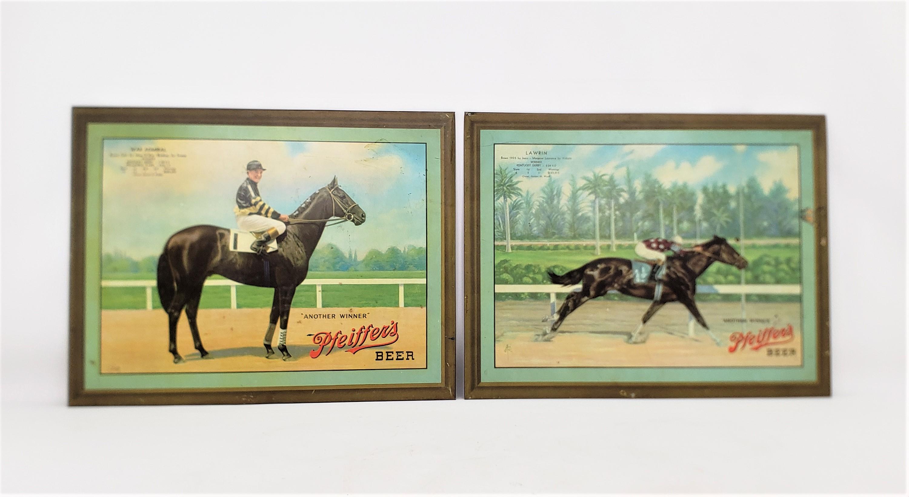 This pair of wall hangings were manufactured by the Pfeiffer Brewery of the United States in approximately 1960 in the period Mid-Century Modern style. The wall hangings are composef of metal with a cardboard backing and depict two champion horses