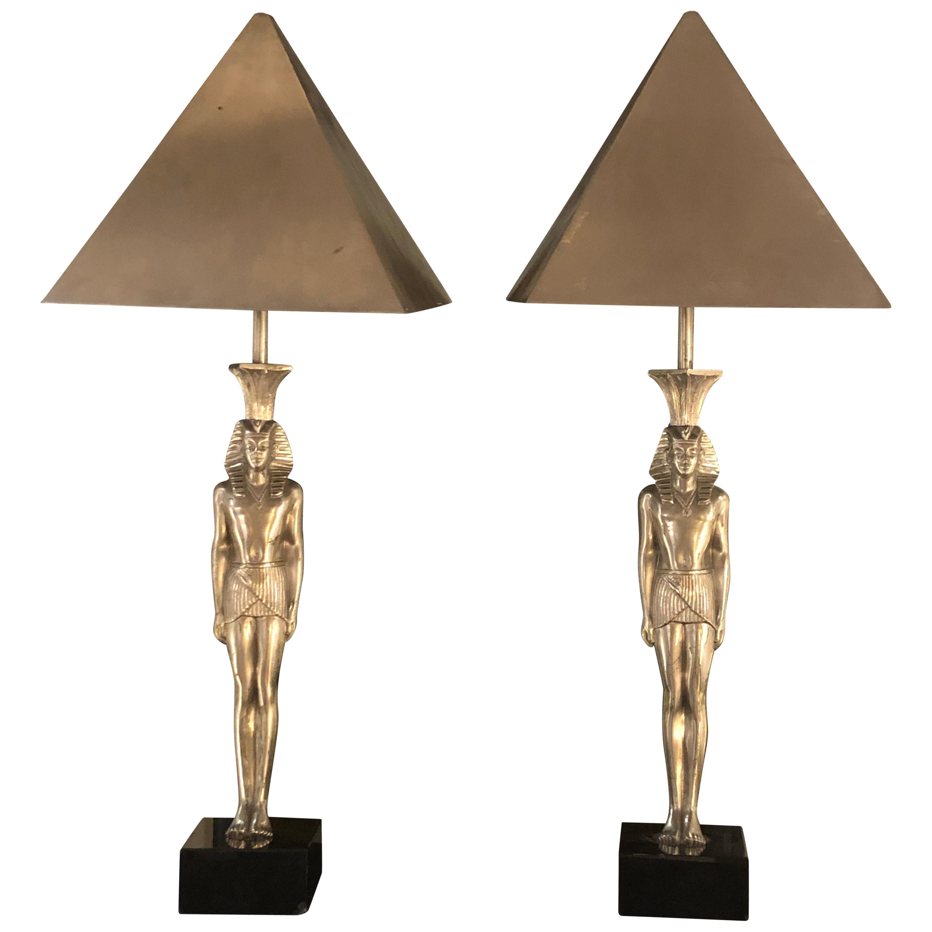 Pair of Pharaoh and Pyramid Lamps by Maison Charles