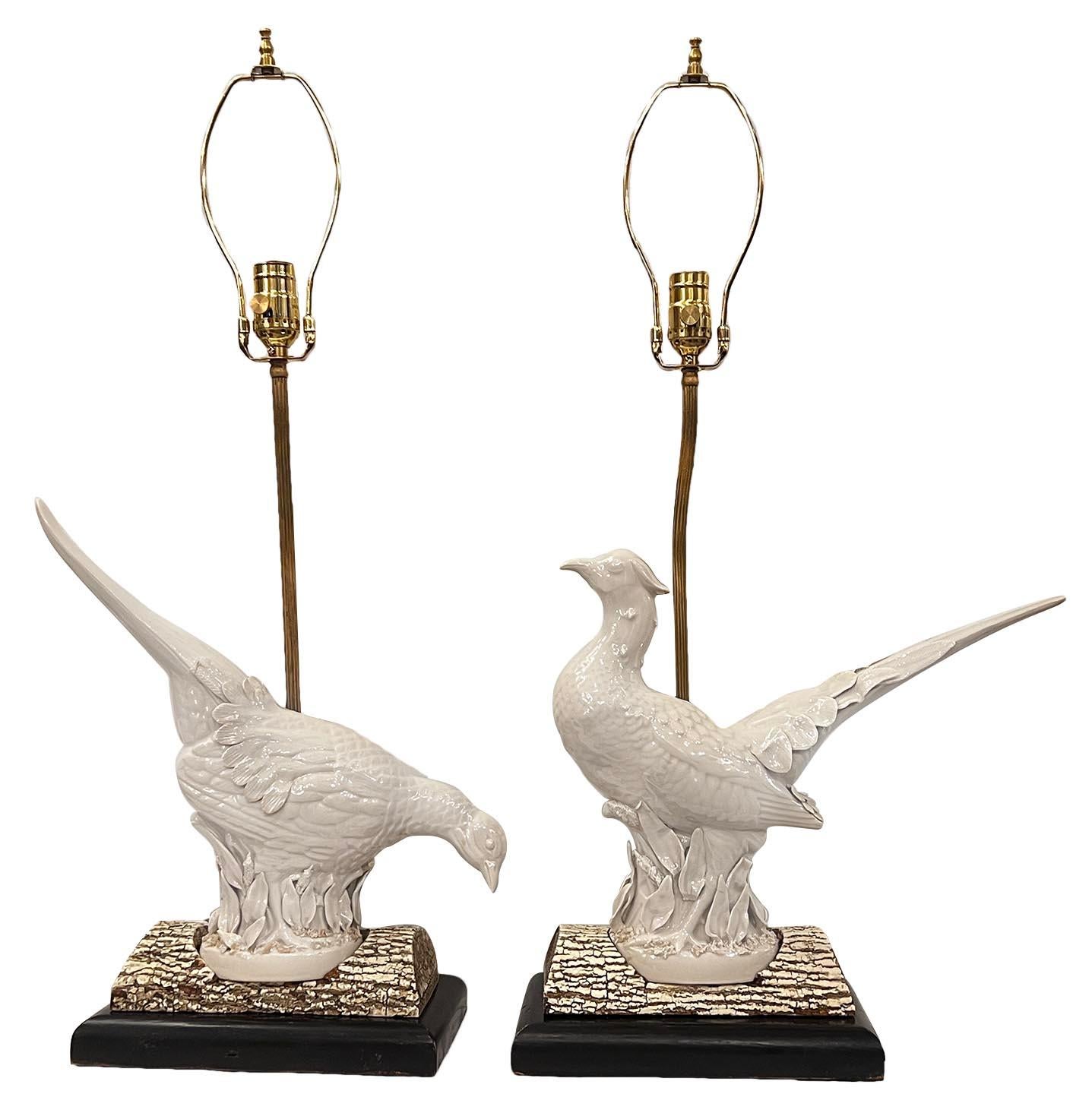 Mid-20th Century Pair of Pheasant White Porcelain Lamps For Sale