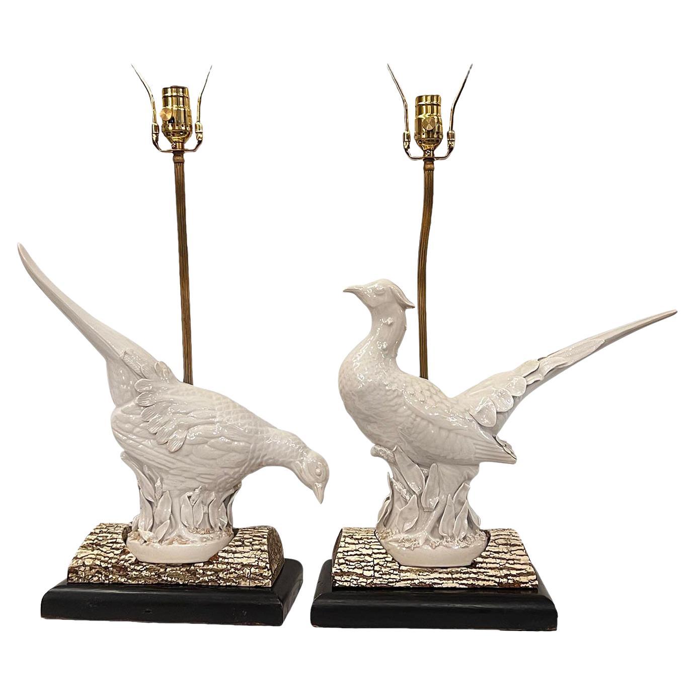 Pair of Pheasant White Porcelain Lamps For Sale