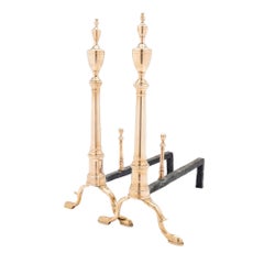 Pair of Philadelphia bell metal andirons with paired fire tools, c. 1790