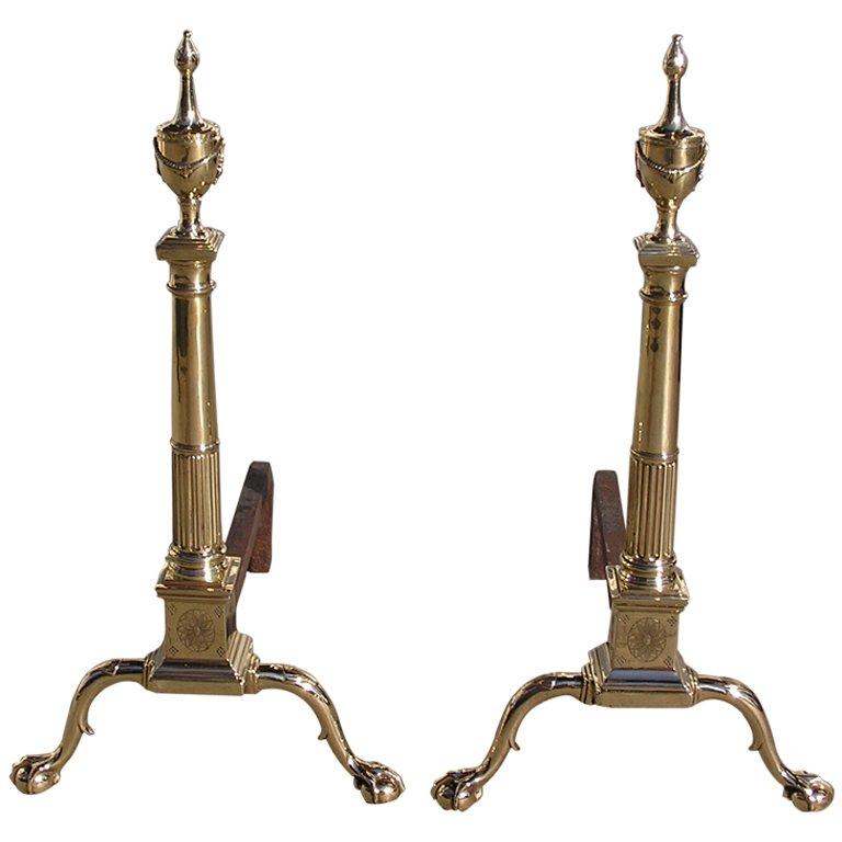 Pair of Philadelphia Brass Flanking Urn Finial Andirons with Engravings, C 1790 