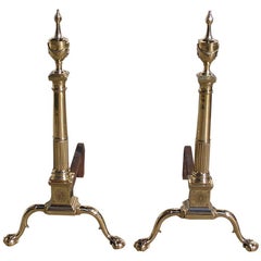 Pair of Philadelphia Brass Flanking Urn Finial Andirons with Engravings, C 1790