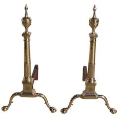 Antique Pair of Philadelphia Brass Flanking Urn Finial Andirons with Engravings, C 1790 