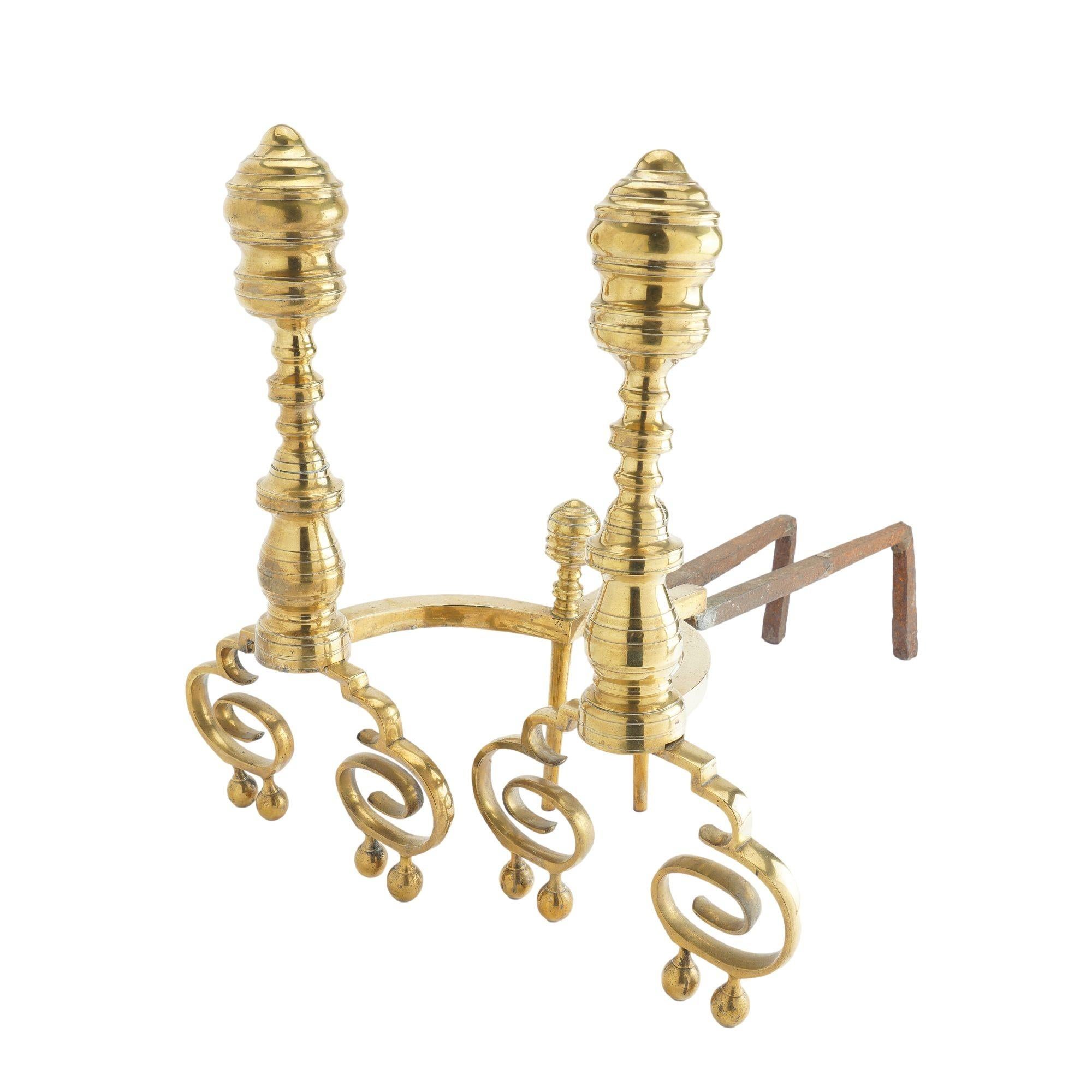 Neoclassical Pair of Philadelphia Neoclassic brass andirons with fire tools, c. 1815-25