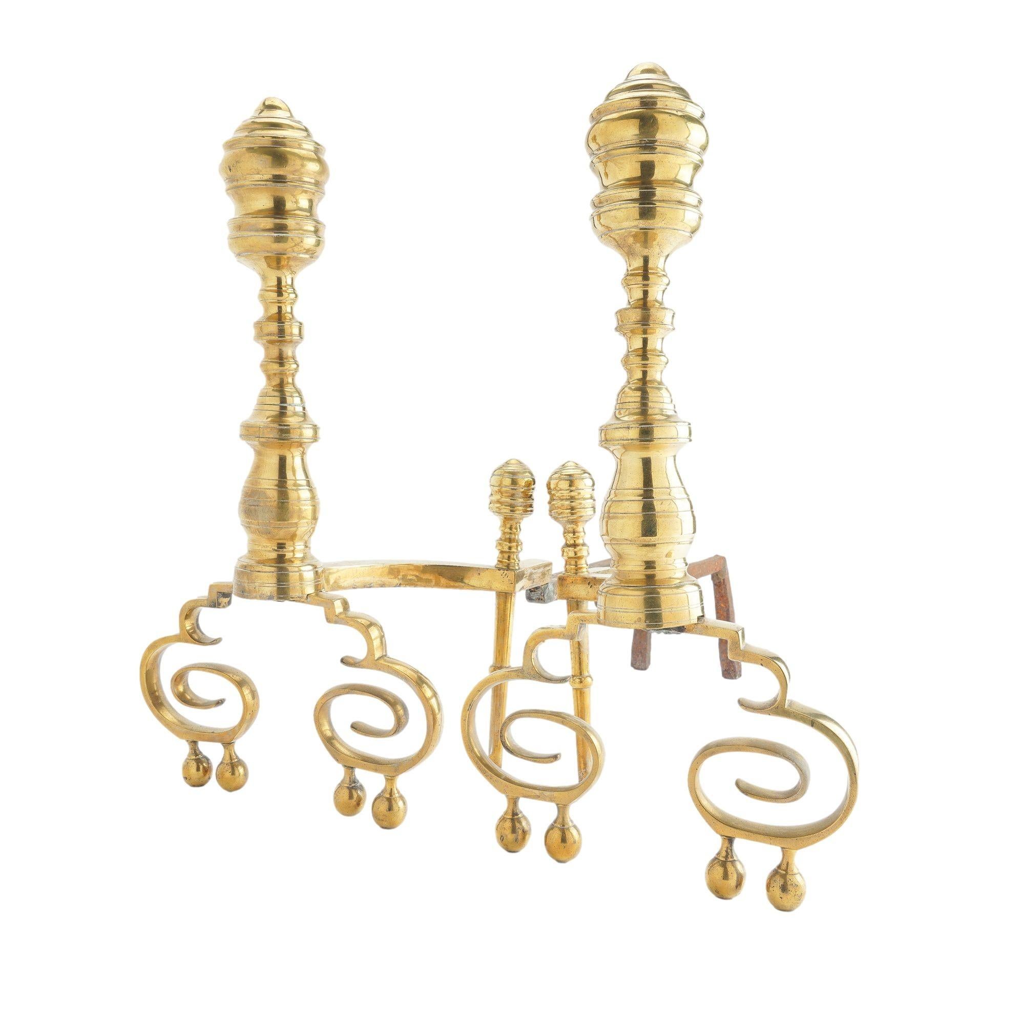 American Pair of Philadelphia Neoclassic brass andirons with fire tools, c. 1815-25