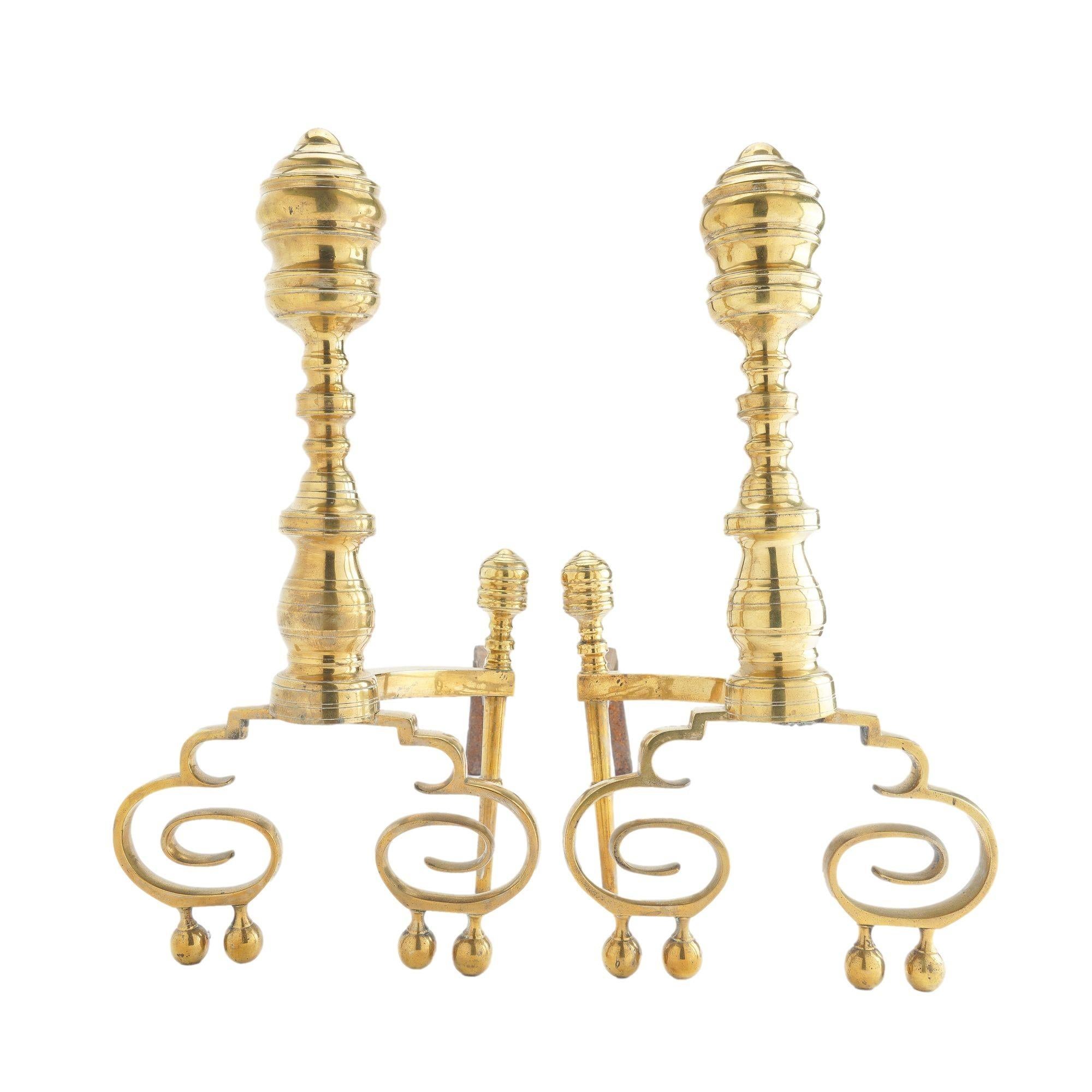 Pair of Philadelphia Neoclassic brass andirons with fire tools, c. 1815-25 In Good Condition In Kenilworth, IL