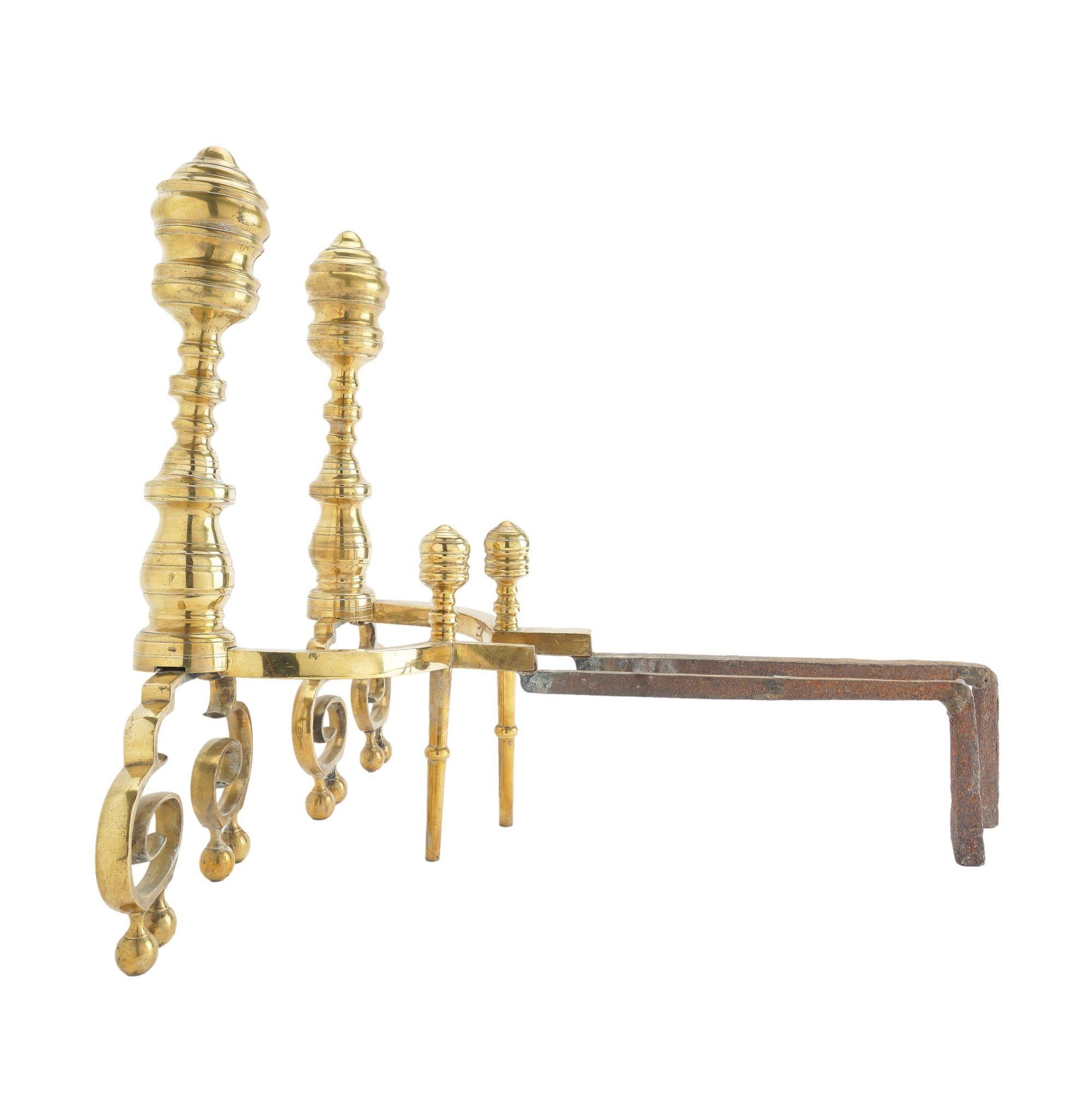 19th Century Pair of Philadelphia Neoclassic brass andirons with fire tools, c. 1815-25