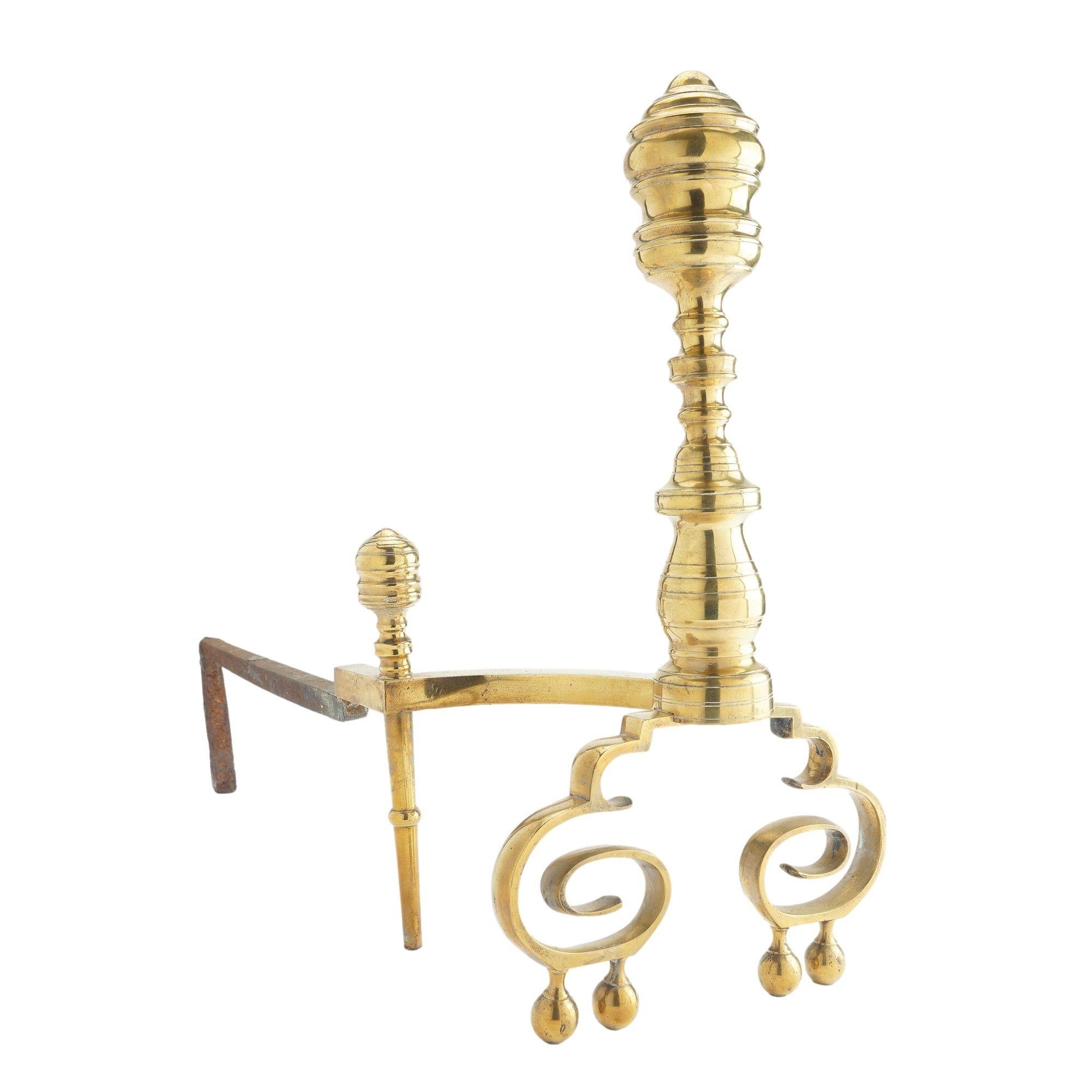 Brass Pair of Philadelphia Neoclassic brass andirons with fire tools, c. 1815-25