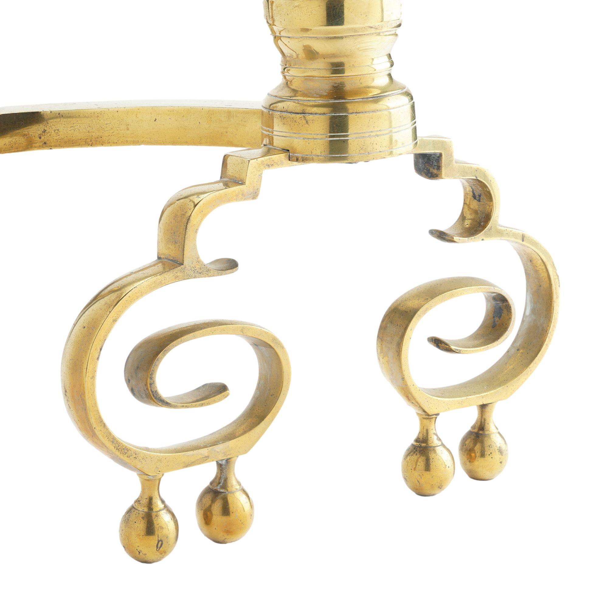 Pair of Philadelphia Neoclassic brass andirons with fire tools, c. 1815-25 1