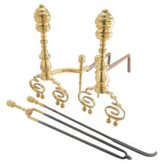Pair of Philadelphia Neoclassic brass andirons with fire tools, c. 1815-25