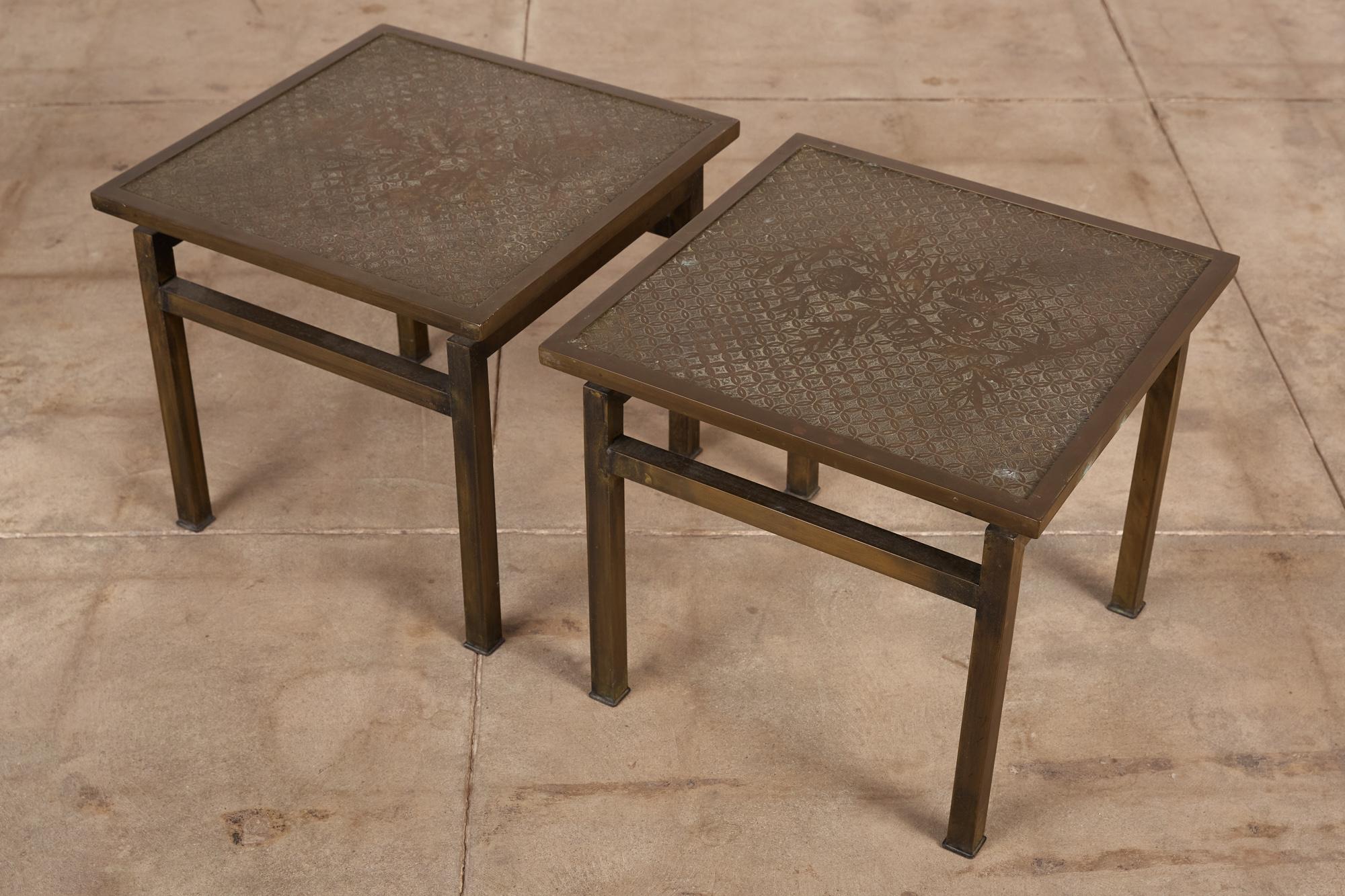 Modern Pair of Philip and Kelvin Laverne Acid Etched Bronze Side Tables