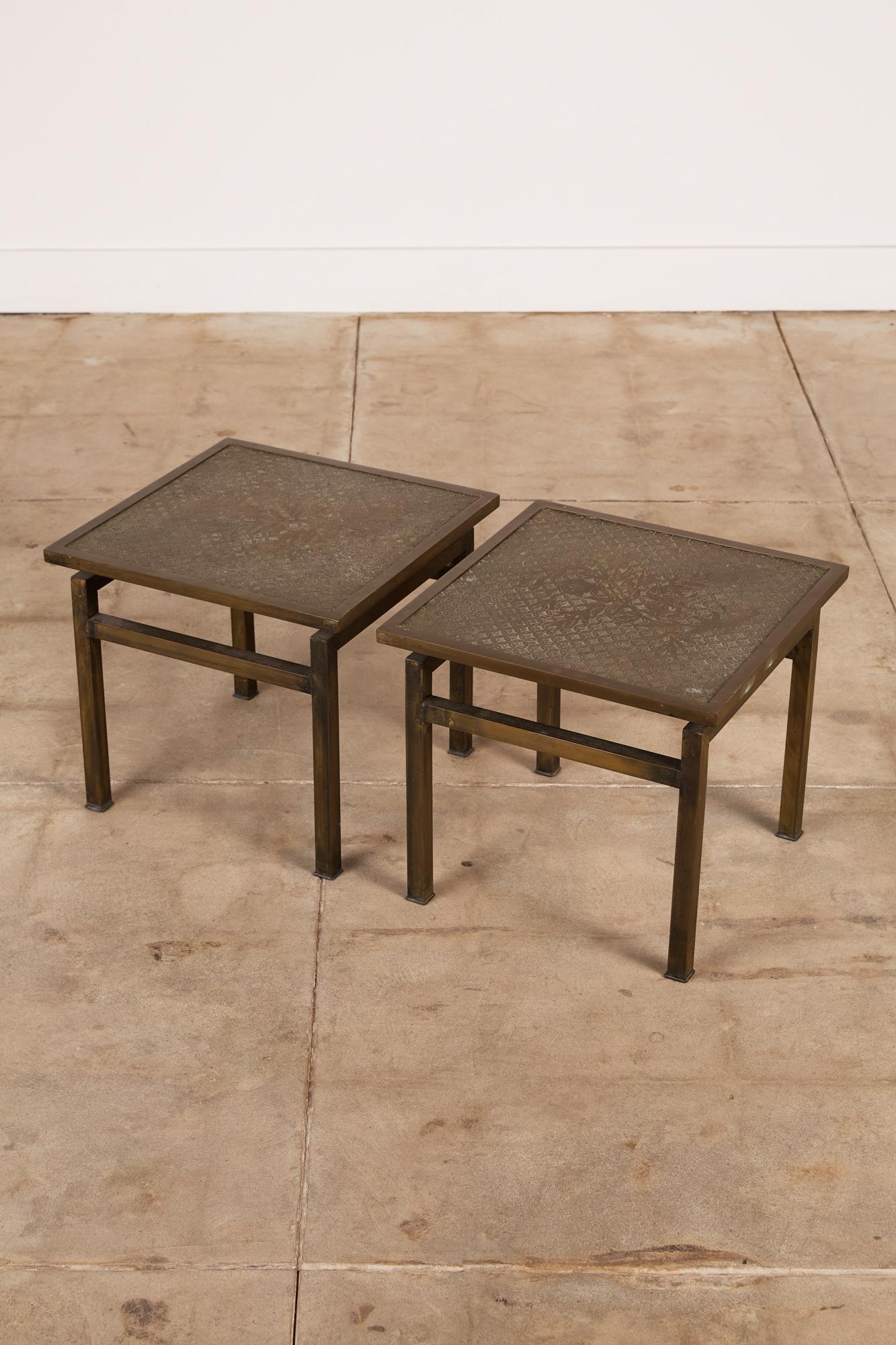 Patinated Pair of Philip and Kelvin Laverne Acid Etched Bronze Side Tables