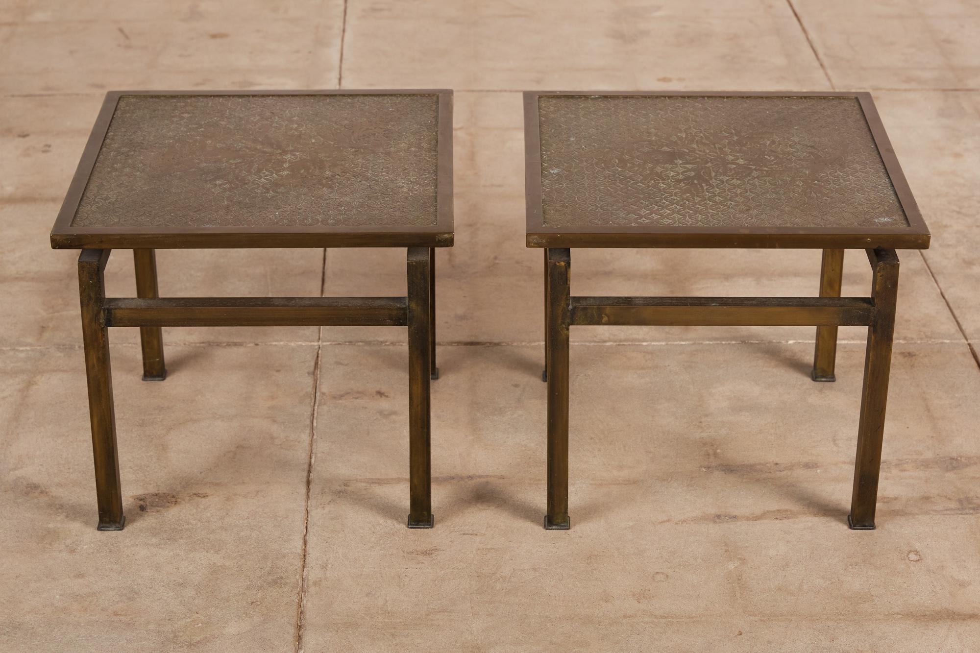 Pair of Philip and Kelvin Laverne Acid Etched Bronze Side Tables In Excellent Condition In Los Angeles, CA