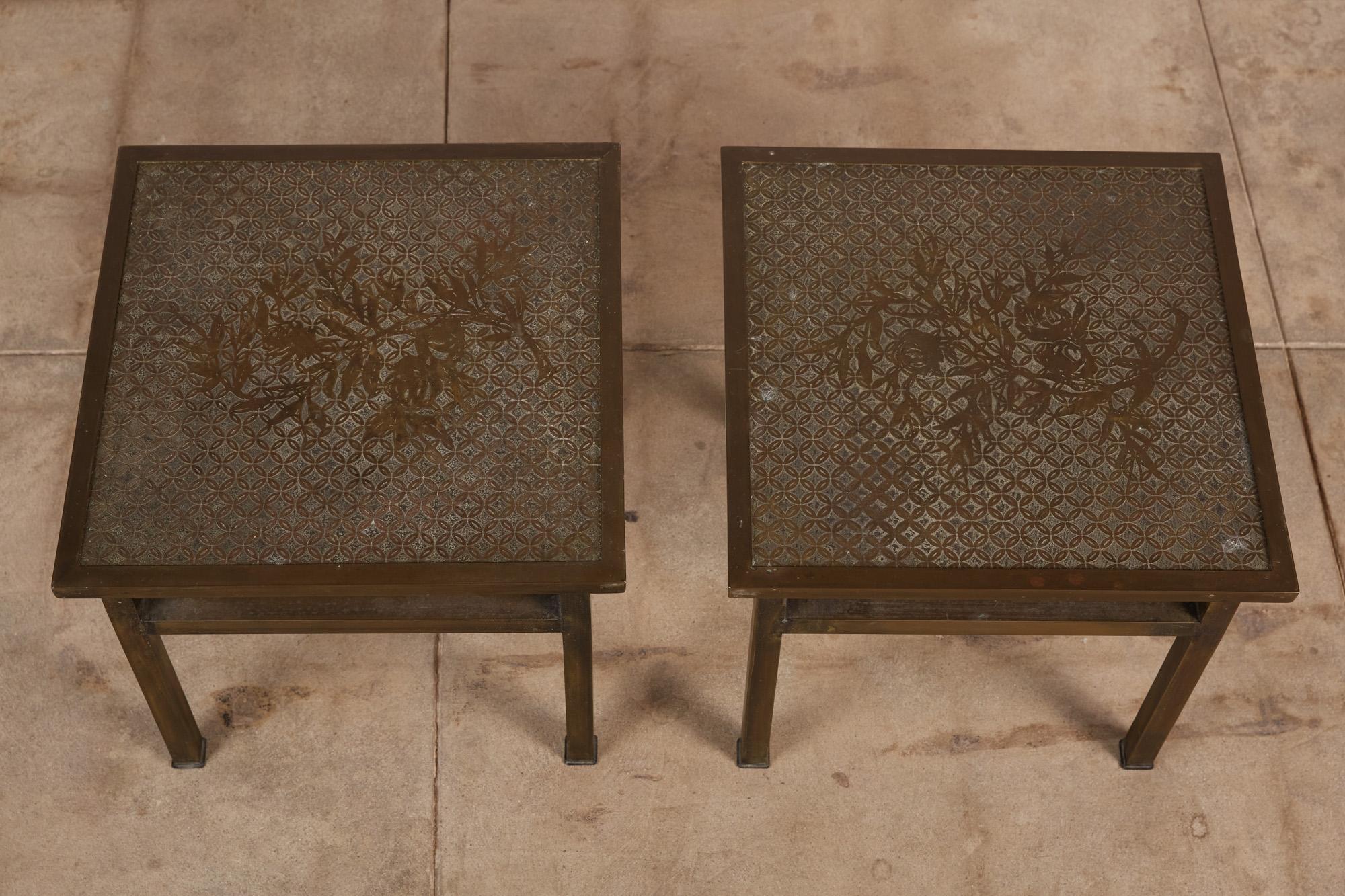 Mid-20th Century Pair of Philip and Kelvin Laverne Acid Etched Bronze Side Tables