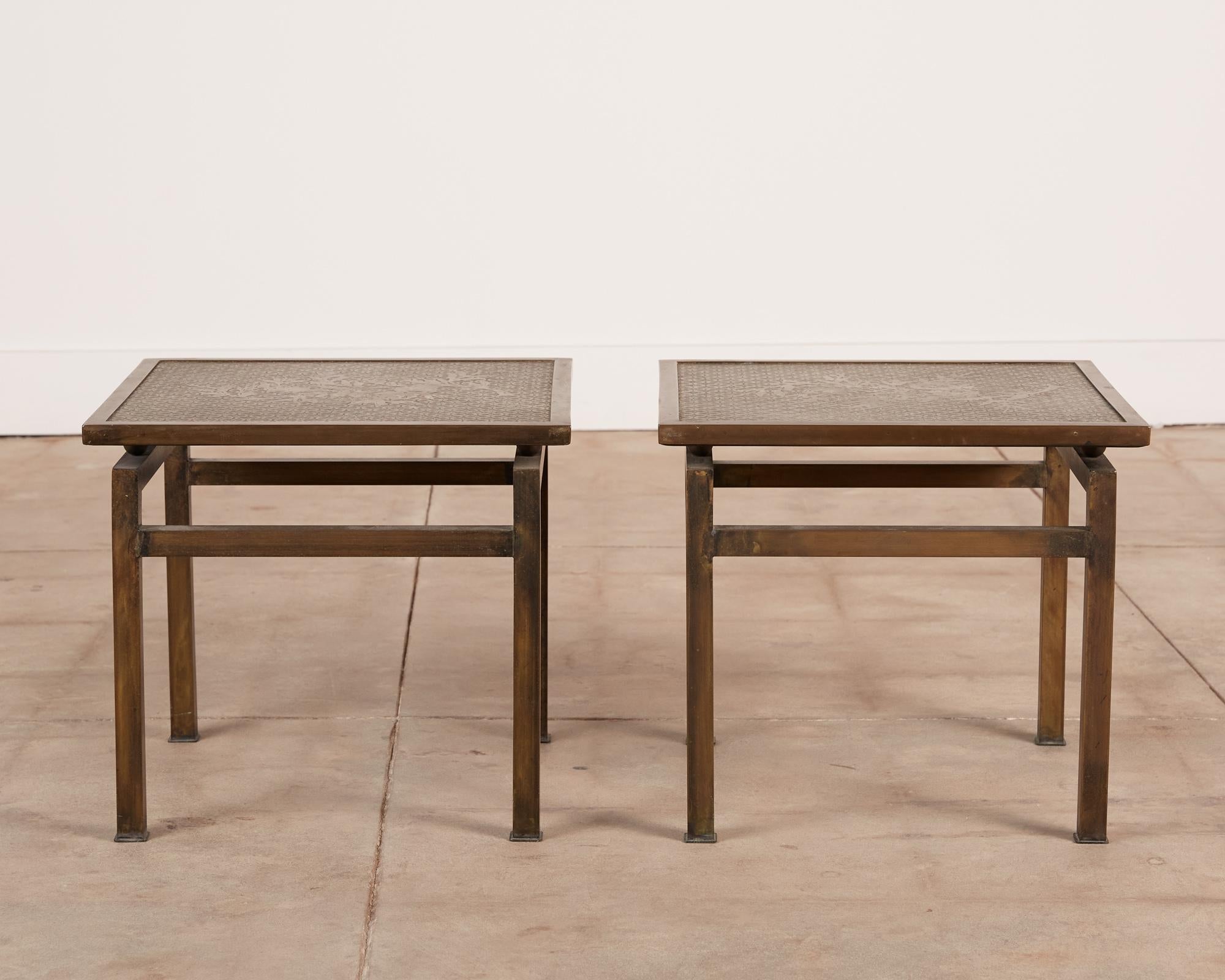 Pair of Philip and Kelvin Laverne Acid Etched Bronze Side Tables 1