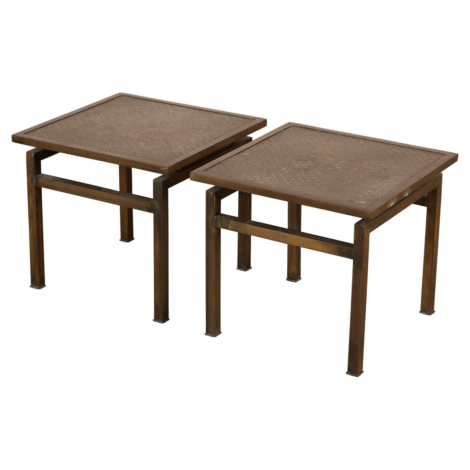 Pair of Philip and Kelvin Laverne Acid Etched Bronze Side Tables
