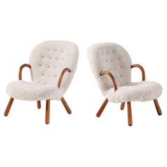 Retro Pair of Arnold Madsen Sheepskin Clam Chairs, 1950s