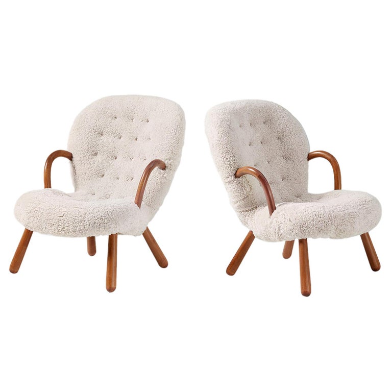 Pair of Arnold Madsen Sheepskin Clam Chairs, 1950s