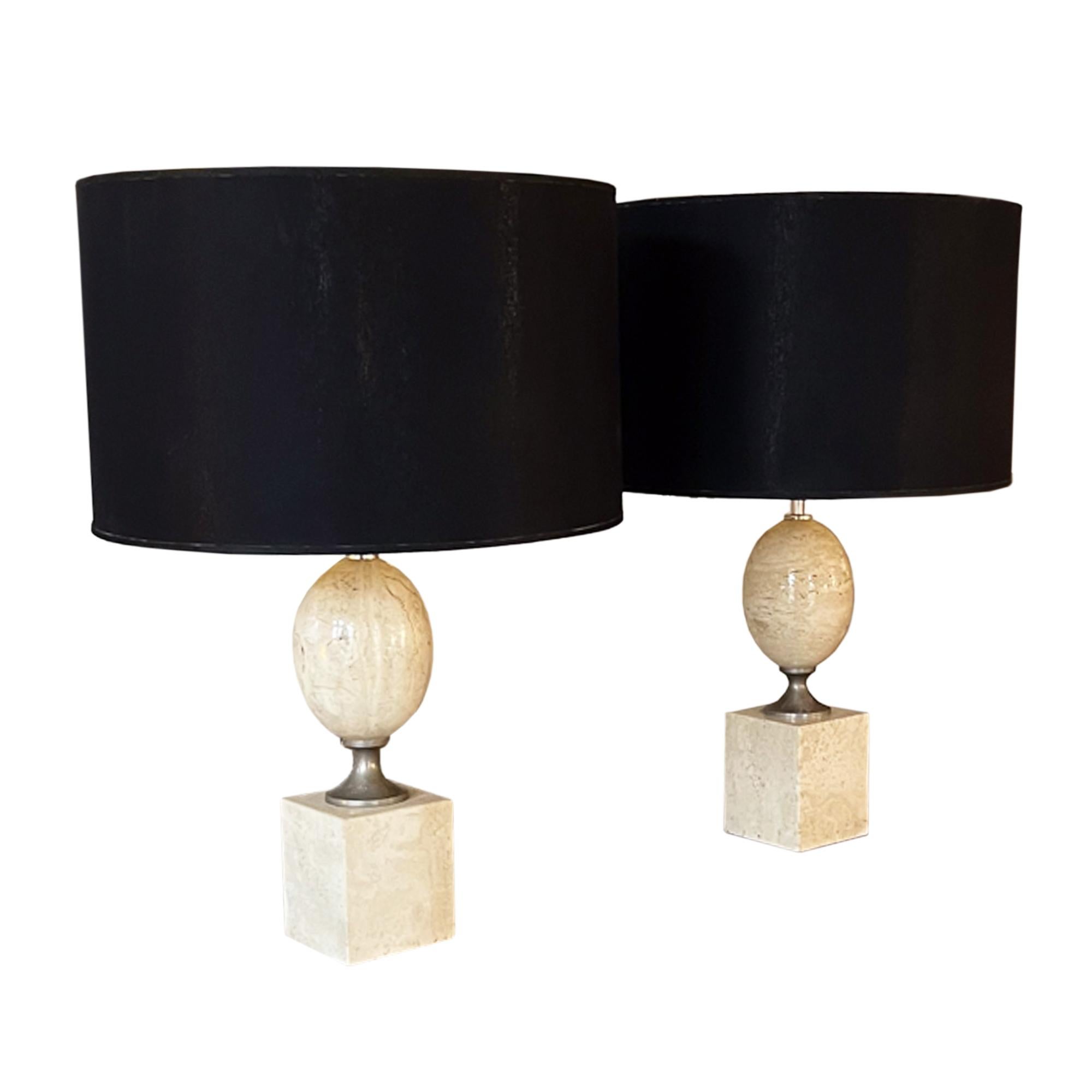 Mid-Century Modern Pair of Philippe Barbier 1970s Travertine 'Egg' Table Lamps For Sale