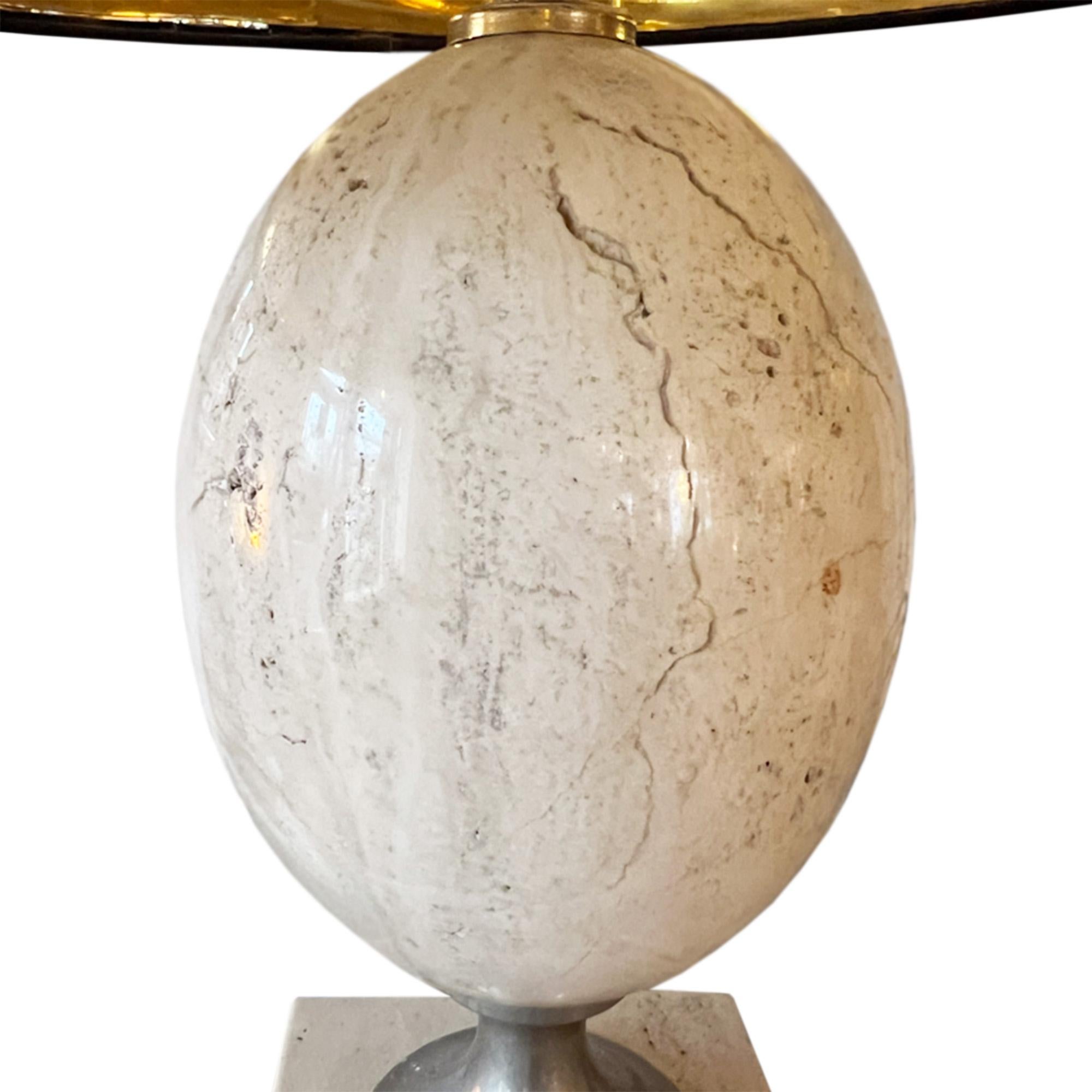 French Pair of Philippe Barbier 1970s Travertine 'Egg' Table Lamps For Sale