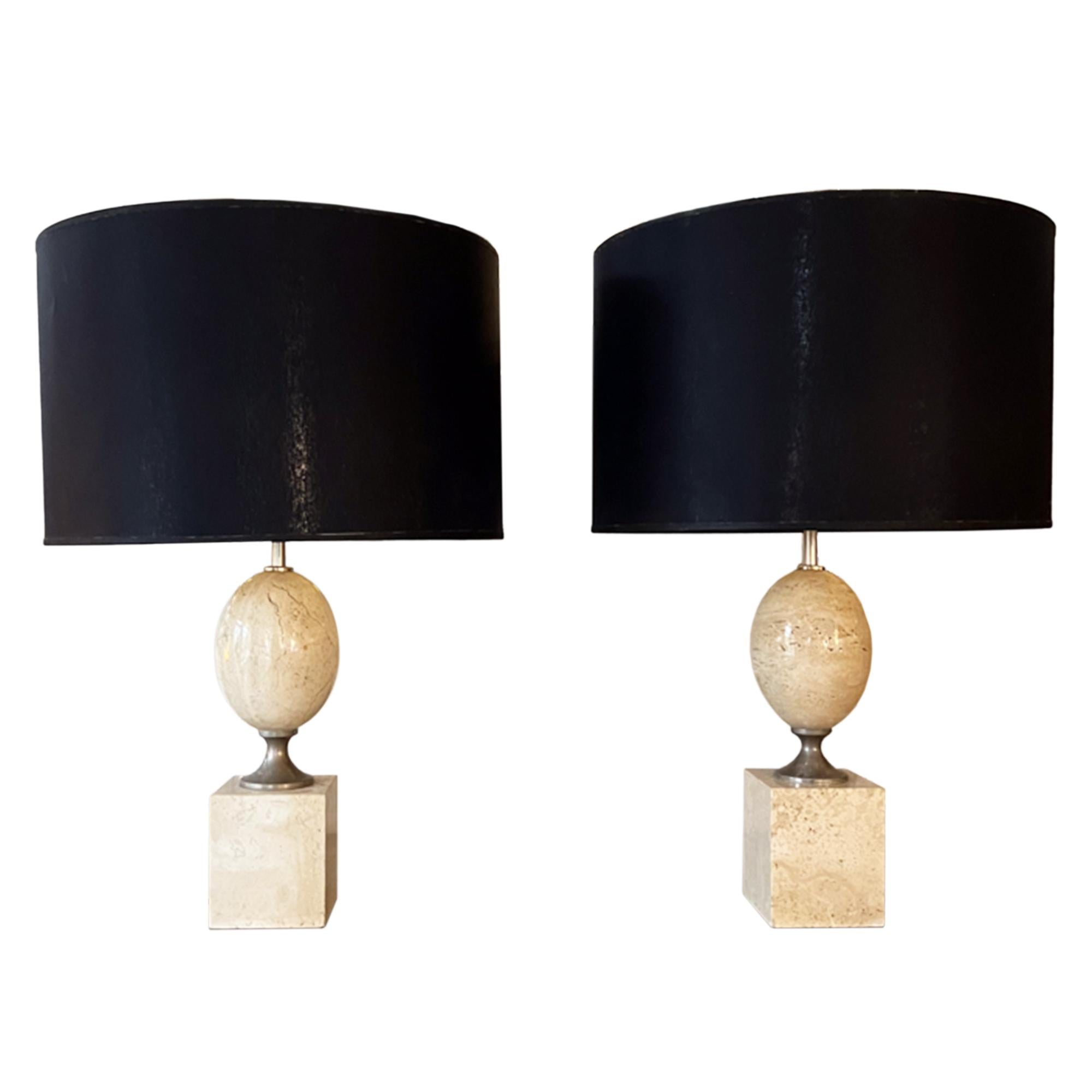 Polished Pair of Philippe Barbier 1970s Travertine 'Egg' Table Lamps For Sale