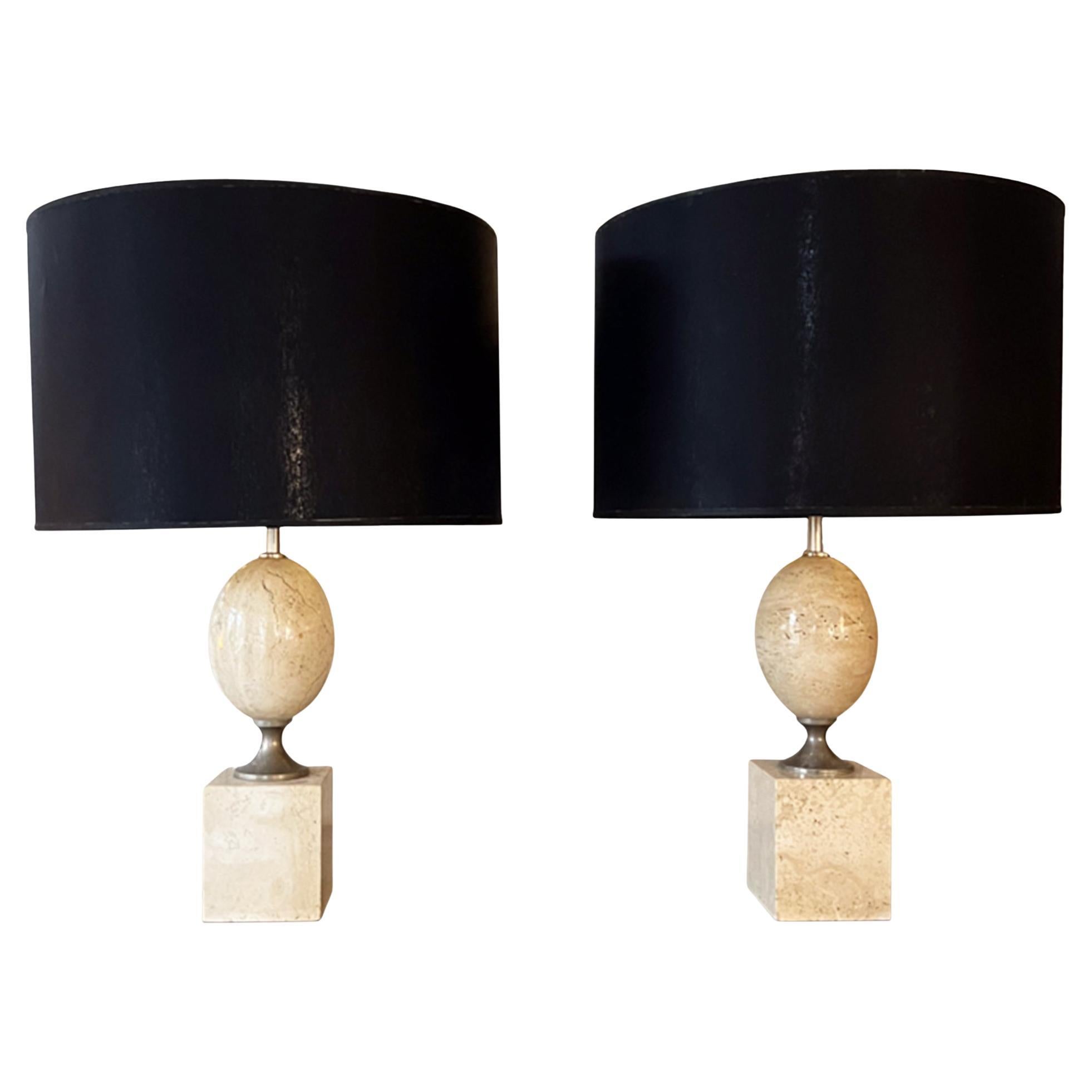 Coppia di lampade da tavolo "a uovo" in travertino di Philippe Barbier degli anni '70