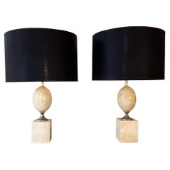 Coppia di lampade da tavolo "a uovo" in travertino di Philippe Barbier degli anni '70
