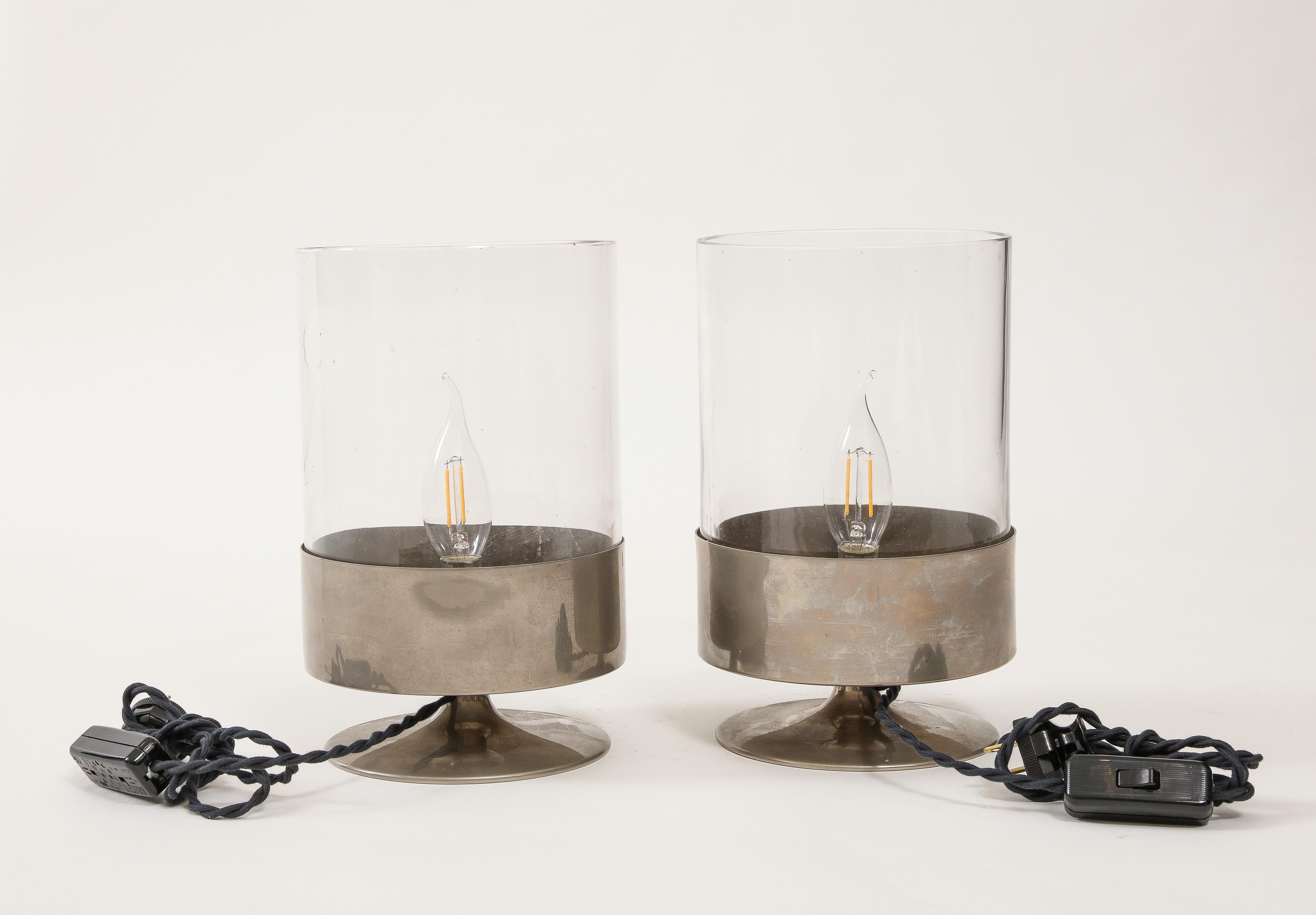 Rare set of Philippe Barbier signed photophores turned into table lamps. The lamps feature a nickel plated brass 