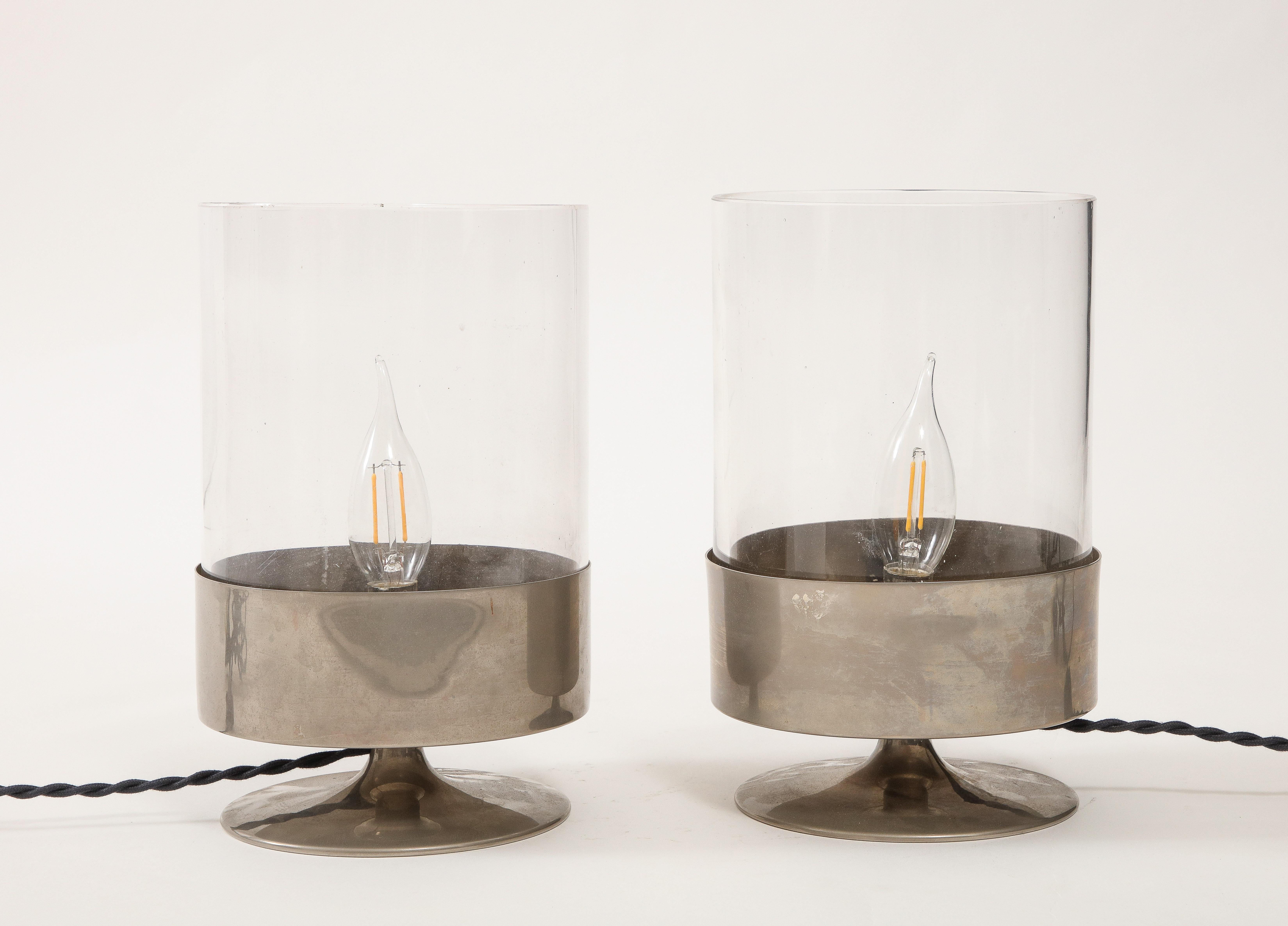 French Pair of Philippe Barbier Nickel Plated Bras & Glass Table Lamps - France 1970's For Sale