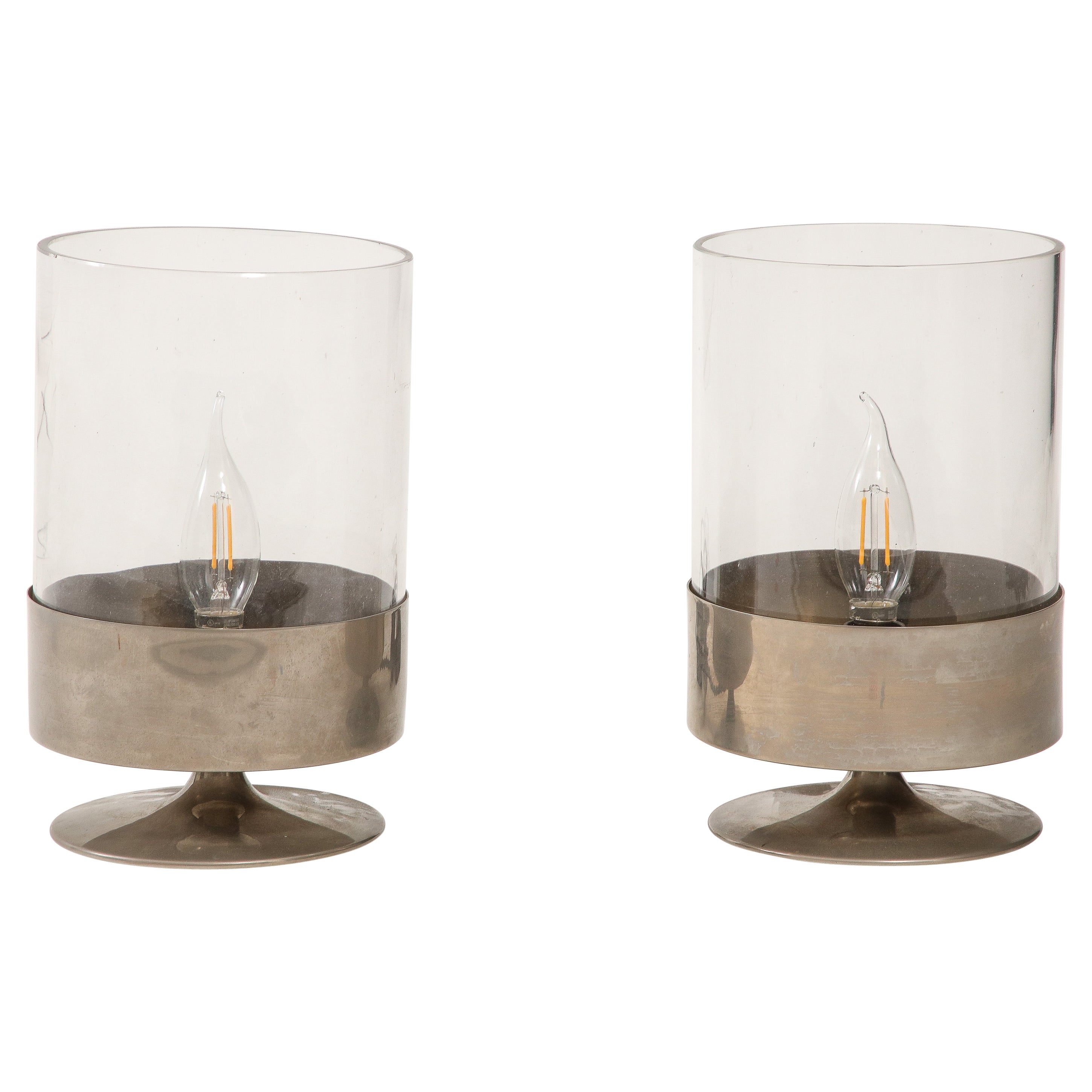 Pair of Philippe Barbier Nickel Plated Bras & Glass Table Lamps - France 1970's