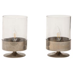 Pair of Philippe Barbier Nickel Plated Bras & Glass Table Lamps - France 1970's