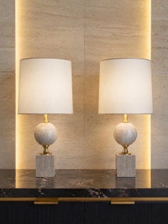 Pair of Philippe Barbier Travertine Table Lamps for Maison Barbier, Gilt Metal