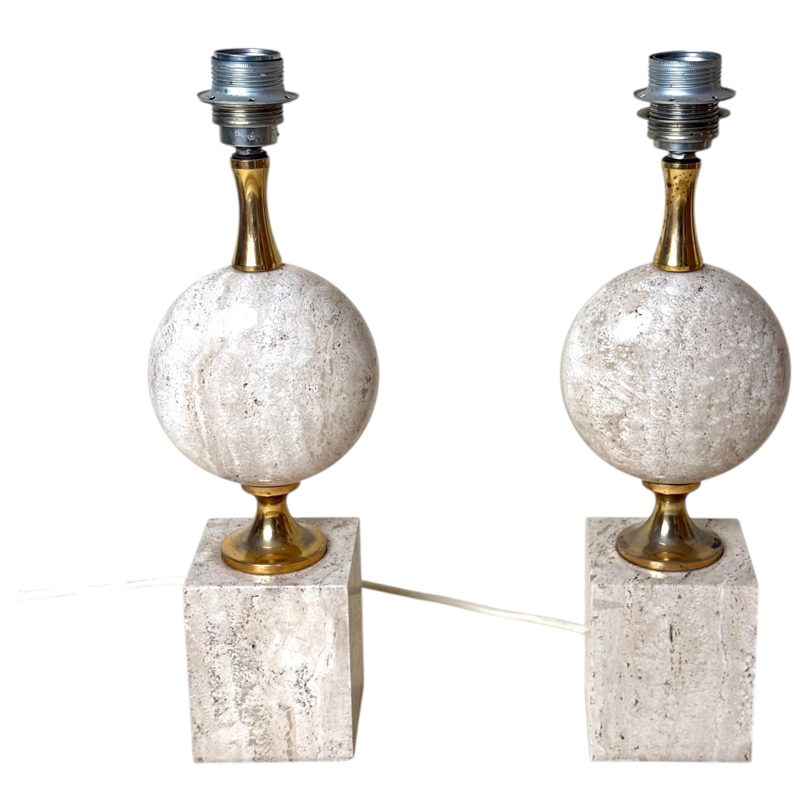 Paar Philippe Barbier Tischlampen aus Travertin für Maison Barbier, vergoldetes Metall im Angebot