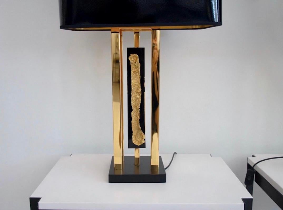 Pair of Philippe Cheverny Golden Table Lamps with Black Shades In Good Condition In Madrid, ES