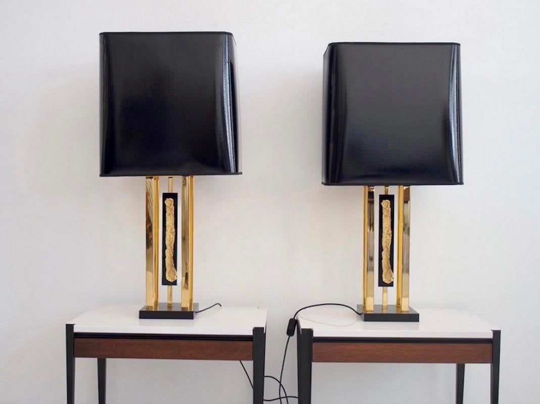 20th Century Pair of Philippe Cheverny Golden Table Lamps with Black Shades