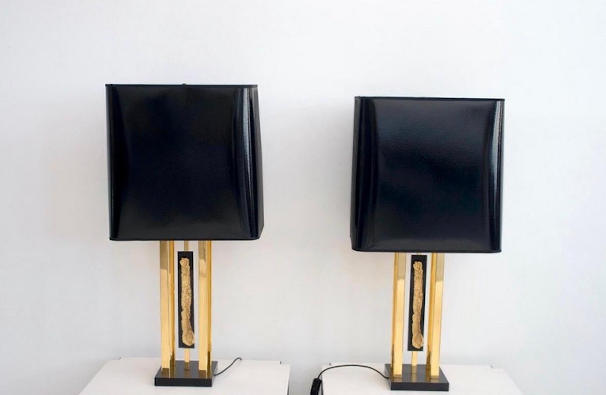 Metal Pair of Philippe Cheverny Golden Table Lamps with Black Shades