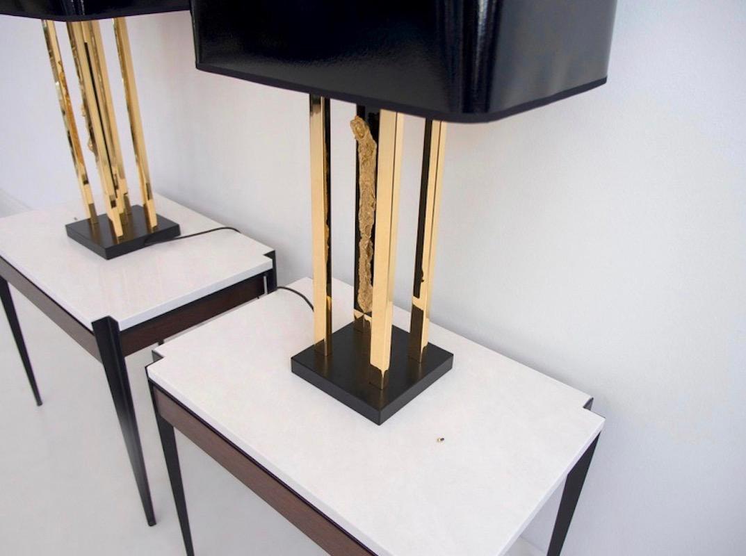 Pair of Philippe Cheverny Golden Table Lamps with Black Shades 2