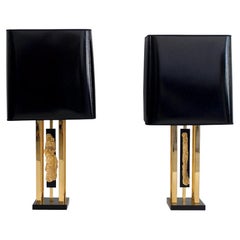 Vintage Pair of Philippe Cheverny Golden Table Lamps with Black Shades