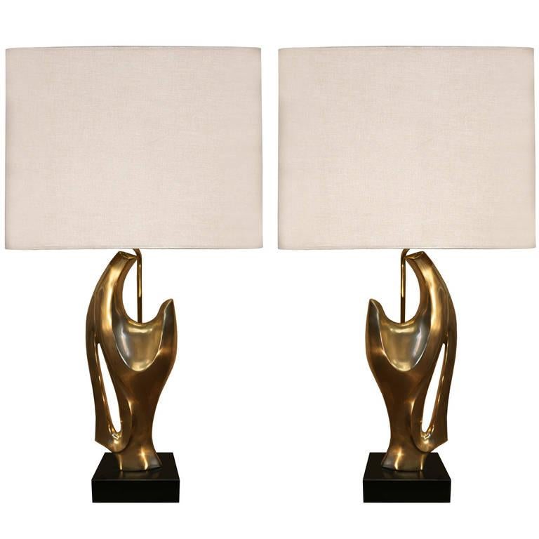 French Pair of Philippe Jean Abstract Sculptural Bronze Lamps For Sale